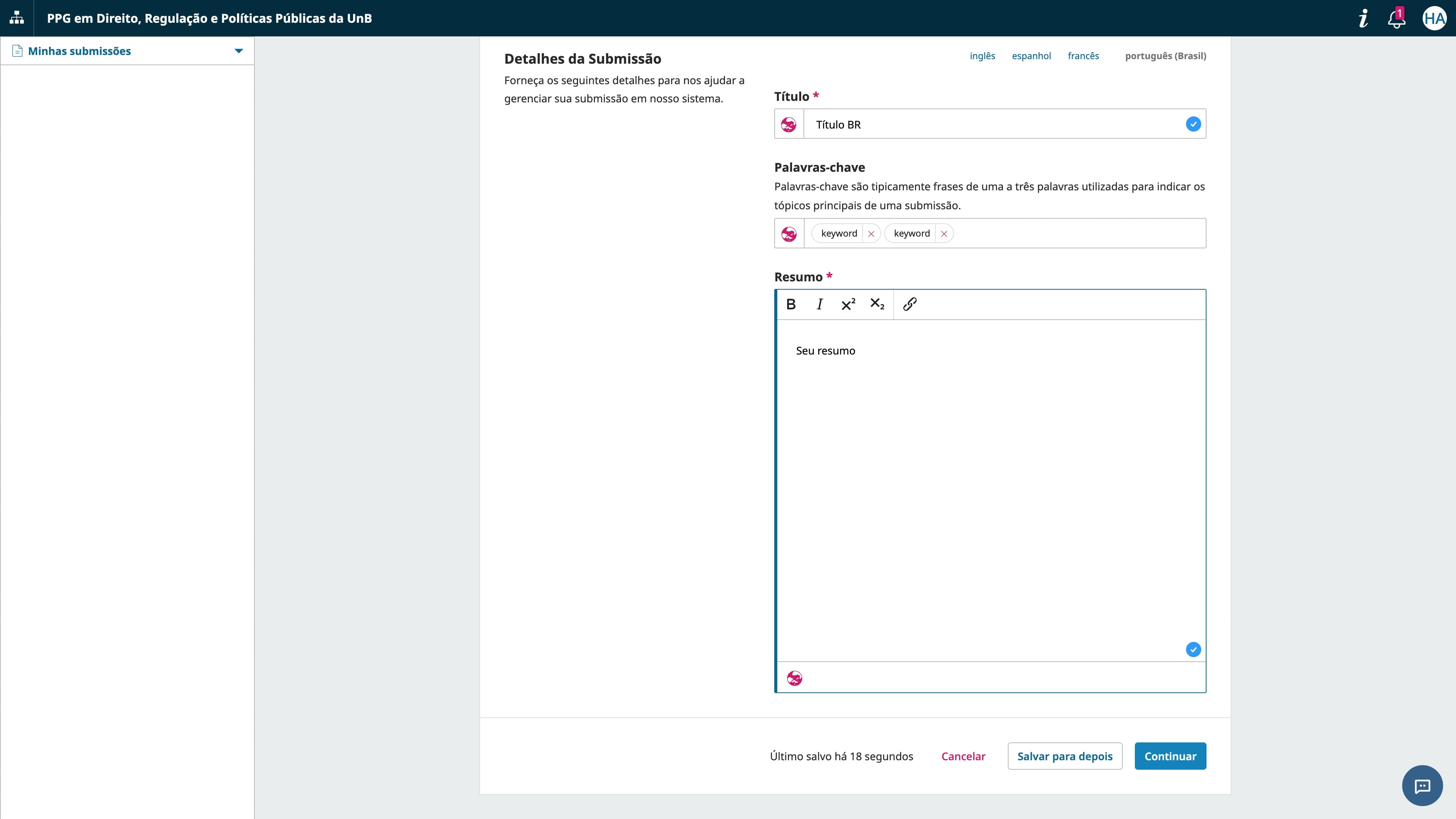 Depois de revisar, seu título, palavras-chave e resumo, clique em "Continuar".