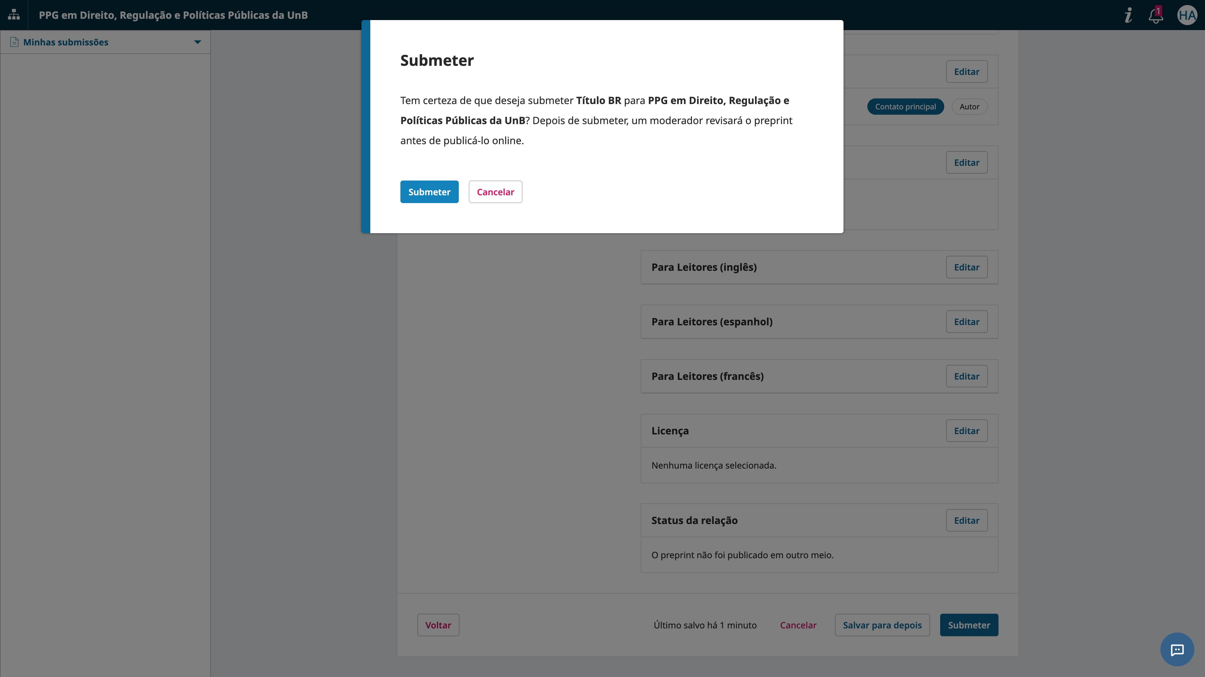 Confirme novamente ao clicar em "Submeter", tendo certeza que selecionou o repositório correto.