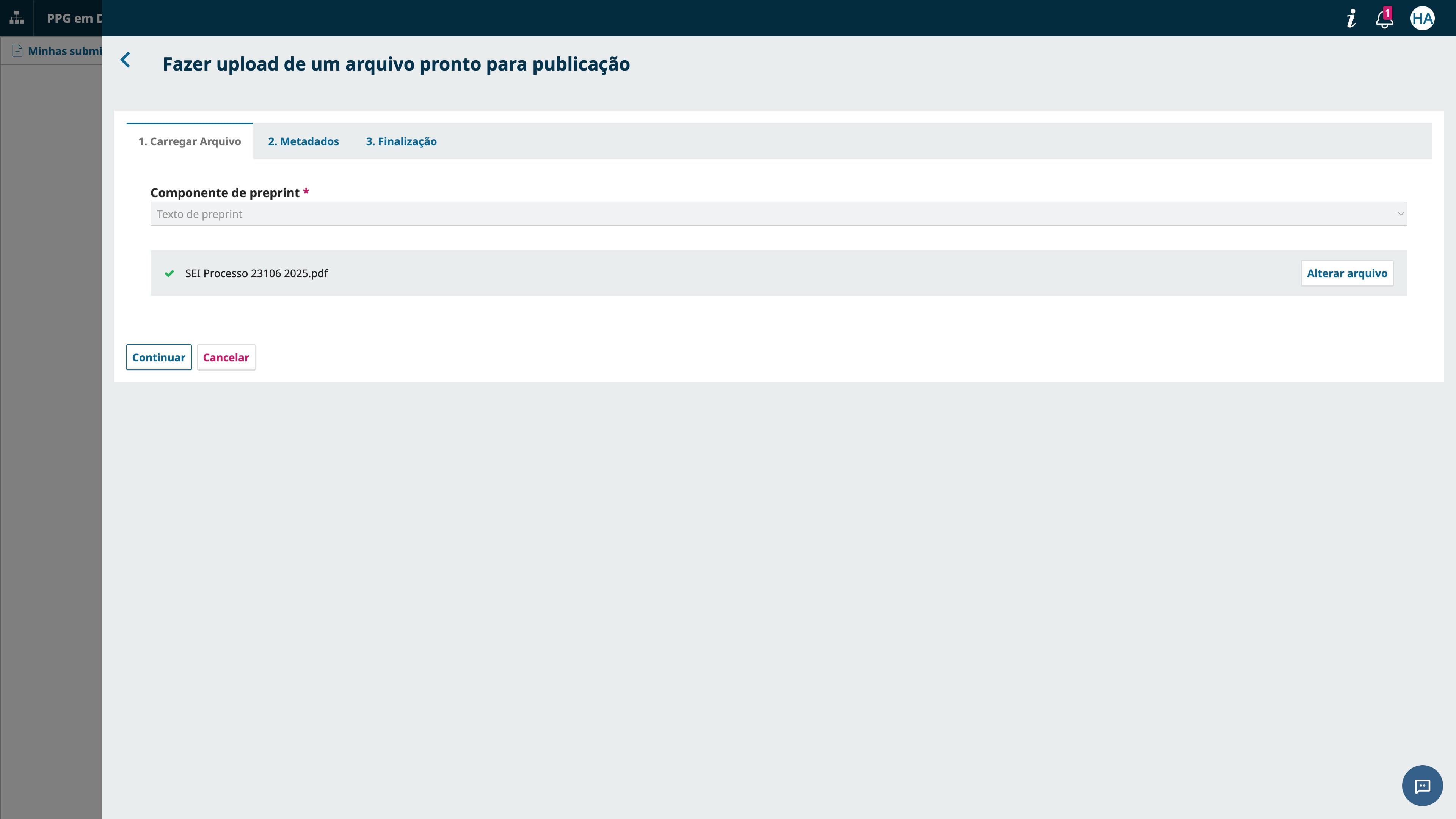 Finalmente, escolha o arquivo a ser enviado no seu computador e siga com "Continuar".