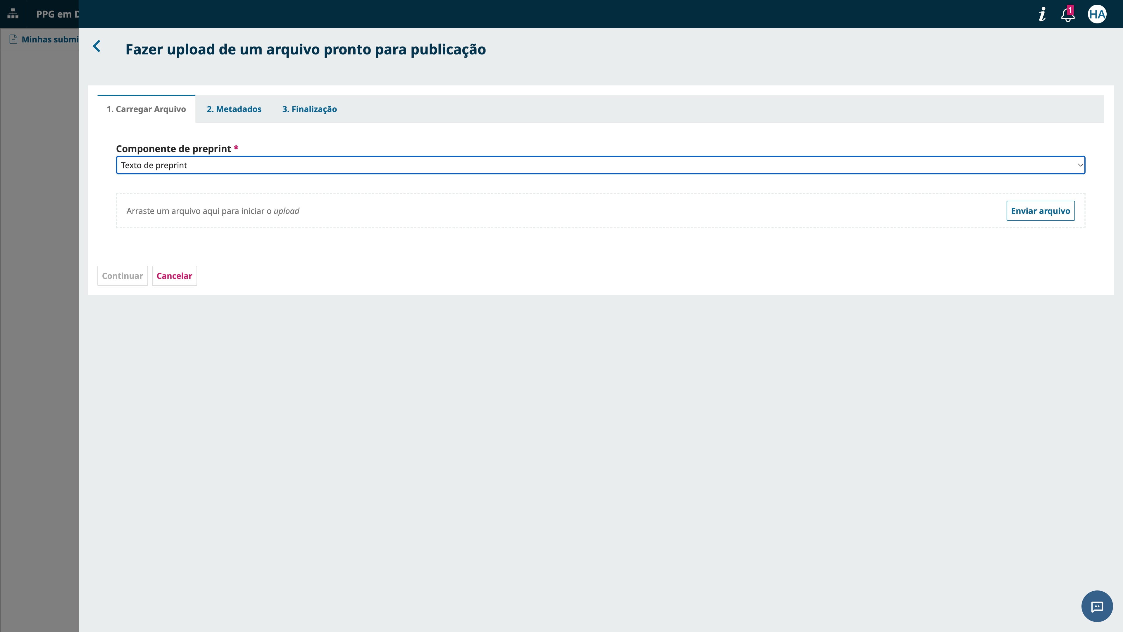 Nesta tela você deve indicar qual o tipo de documento que está enviando. Quase sempre você estará enviando um PDF com o seu "Texto de preprint". As outras opções de anexo são muito raras. Depois clique em "Enviar arquivo".