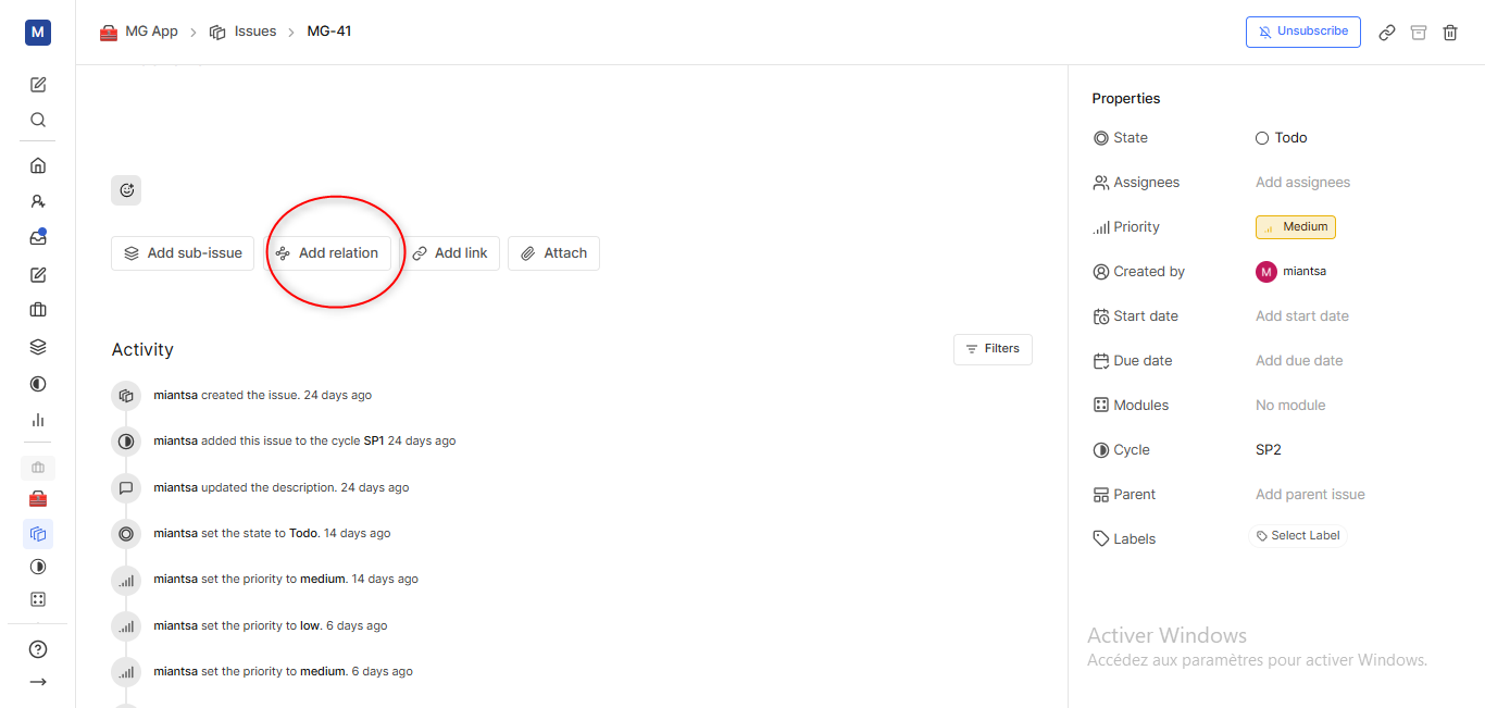 **Recommandations et comprendre comment le backlog est prioriser**
Mettre en priorité supérieure une User Stories nécessitant le développement d’une autre US qui a une priorité plus basse. 
Il est conseillé de toujours identifier les liens entre les US s’il y en a. Le bon réflexe est d’aller sur  “Add relation”. Cela facilitera le travail de définition des sprints pour le Product Owner.

