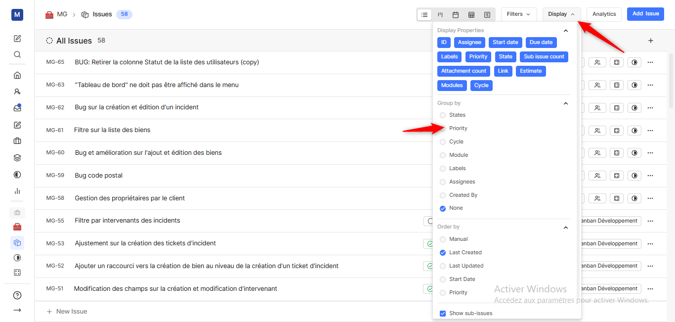 Vous pouvez définir la priorité d’un backlog en choisissant parmi les choix de priorité : 
Vous pouvez regrouper les backlogs en fonction de leur priorité en utilisant le menu “display” : 
