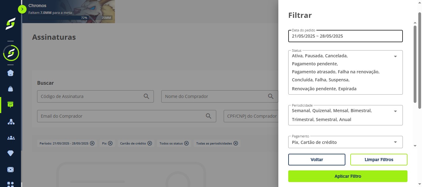 Defina os filtros por:
&nbsp;
- Data do período;
- Status;
- Periodicidade (semanal, quinzenal, etc.);
- Tipo de pagamento.
&nbsp;

&nbsp;
Em seguida, clique em "Aplicar filtros".