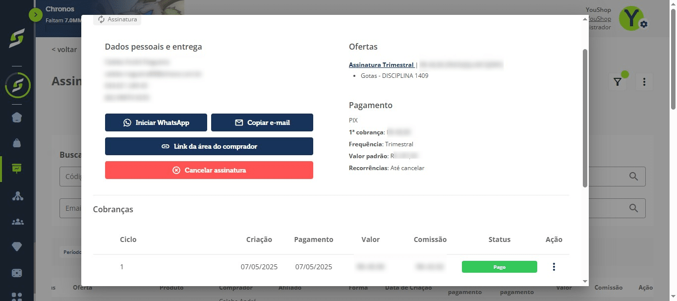 Aqui você encontra dados como informações pessoais, oferta contratada e valores. Clique no ícone de ação.