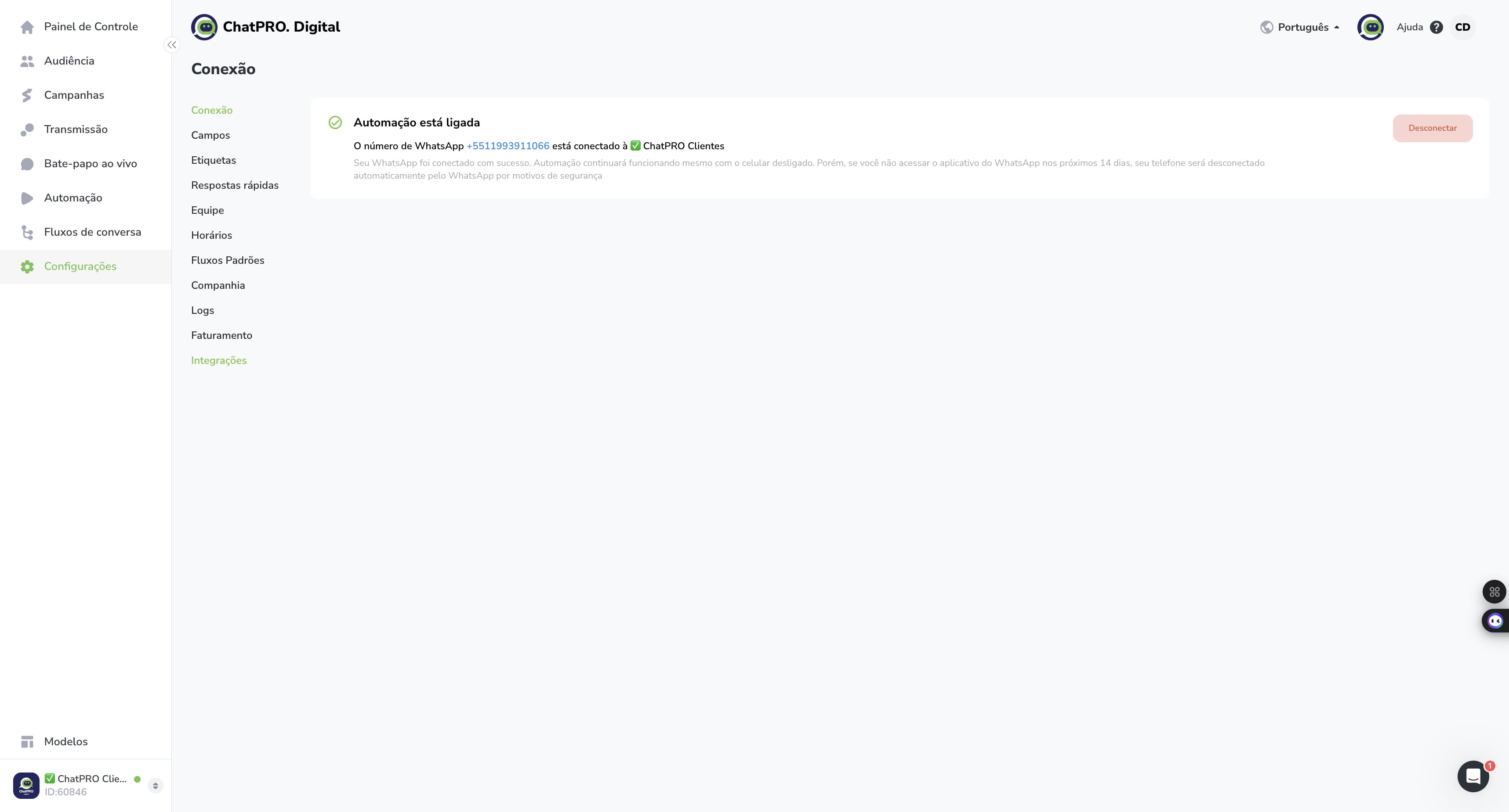 Agora você deve ir no ChatPRO e Click on "Integrações"