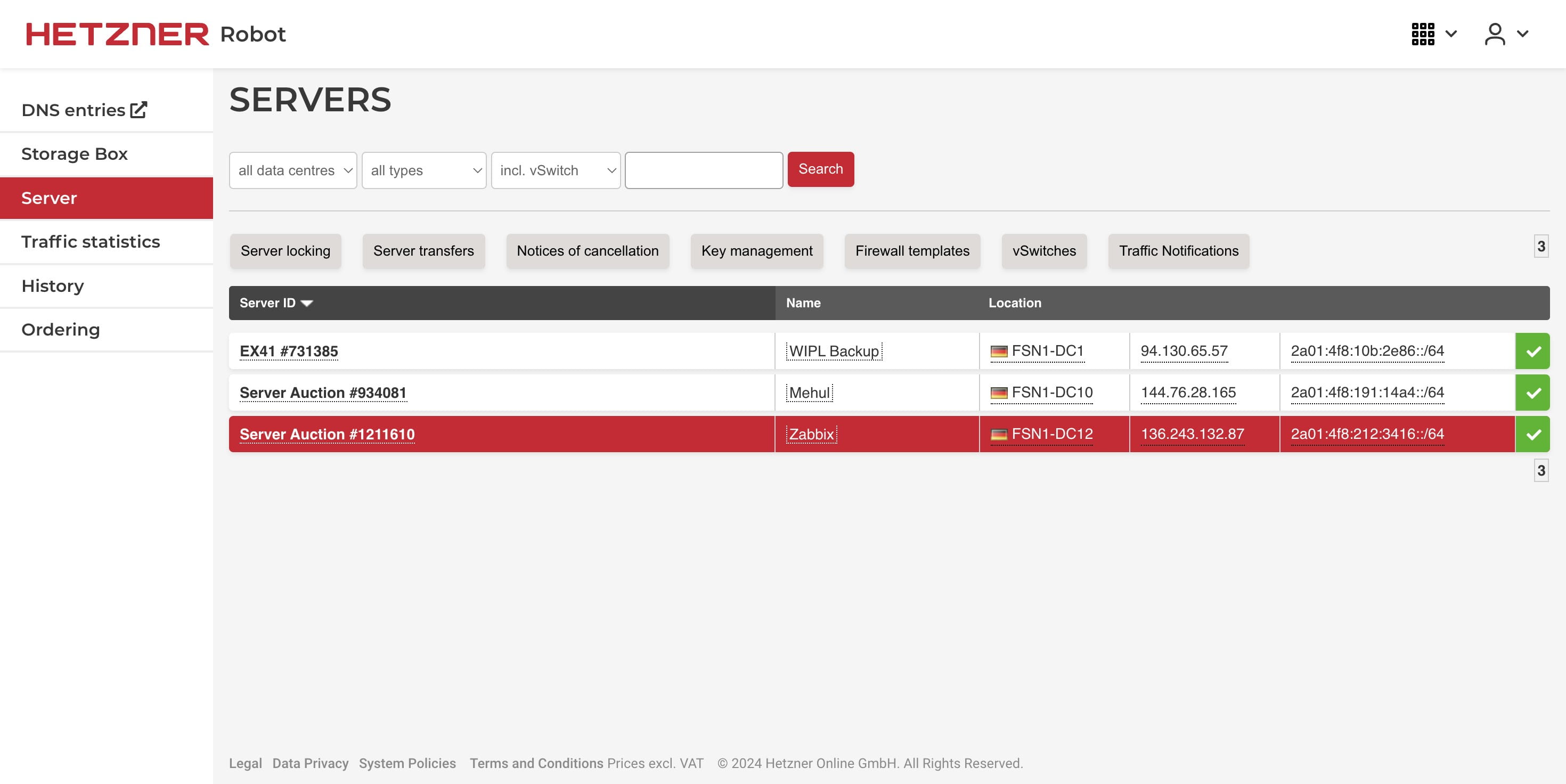 Click on "Server Auction #1211610"
