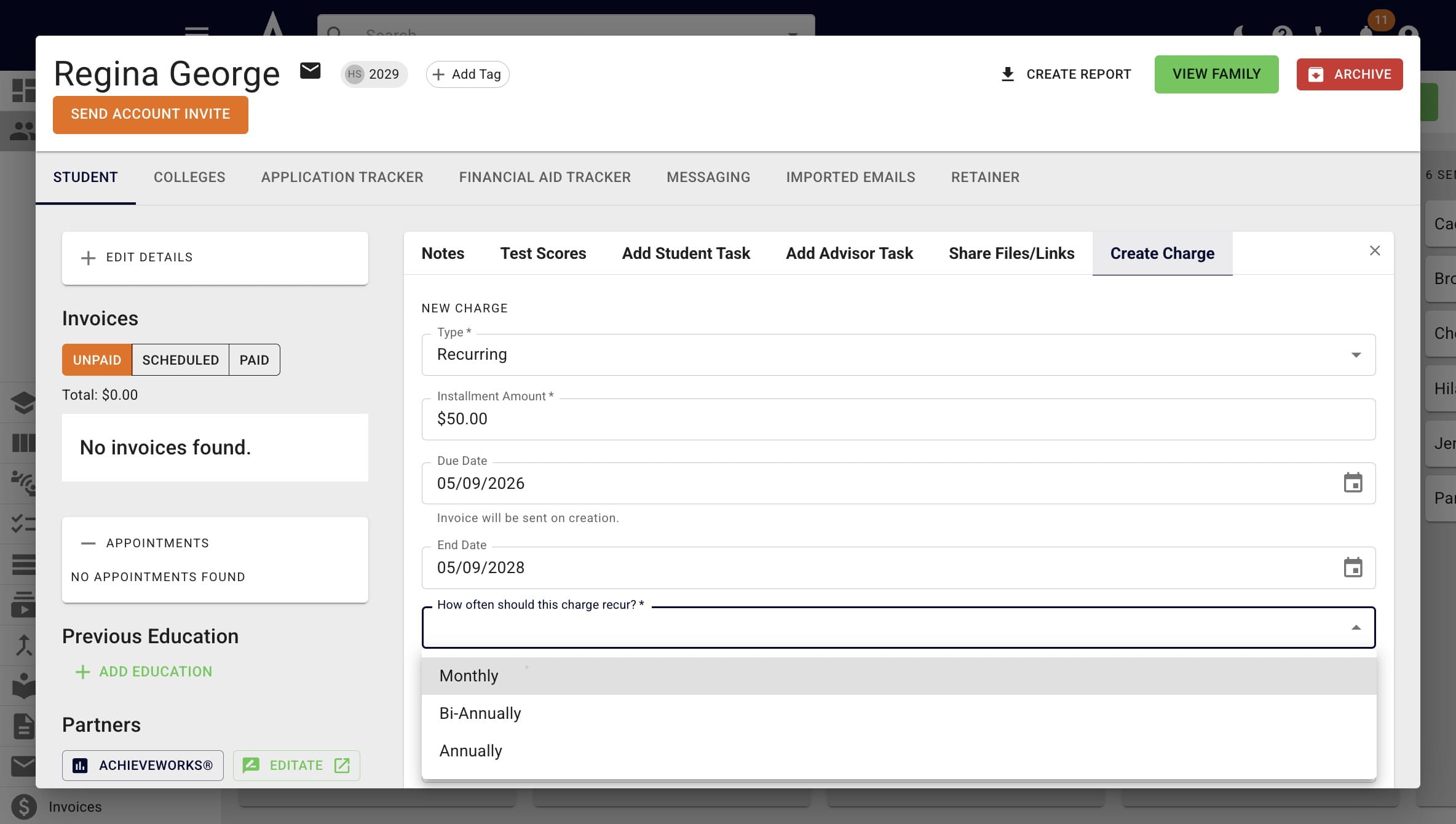 Select the installment frequency under **How often should the charge recur?** 