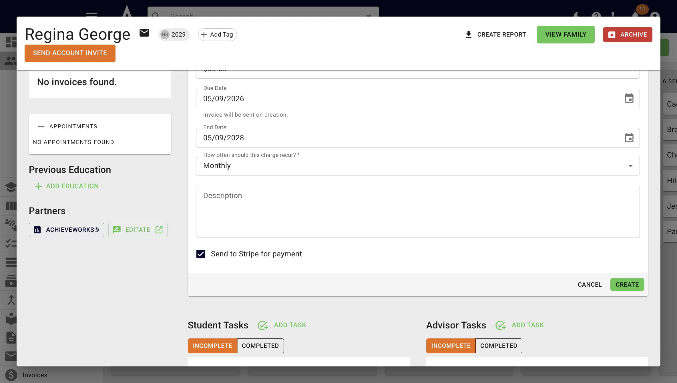 If you have integrated Stripe already, you'll see the **Send to Stripe for payment** box. It will be checked by default. If the recipient is paying via credit card or ACH, leave that box checked.