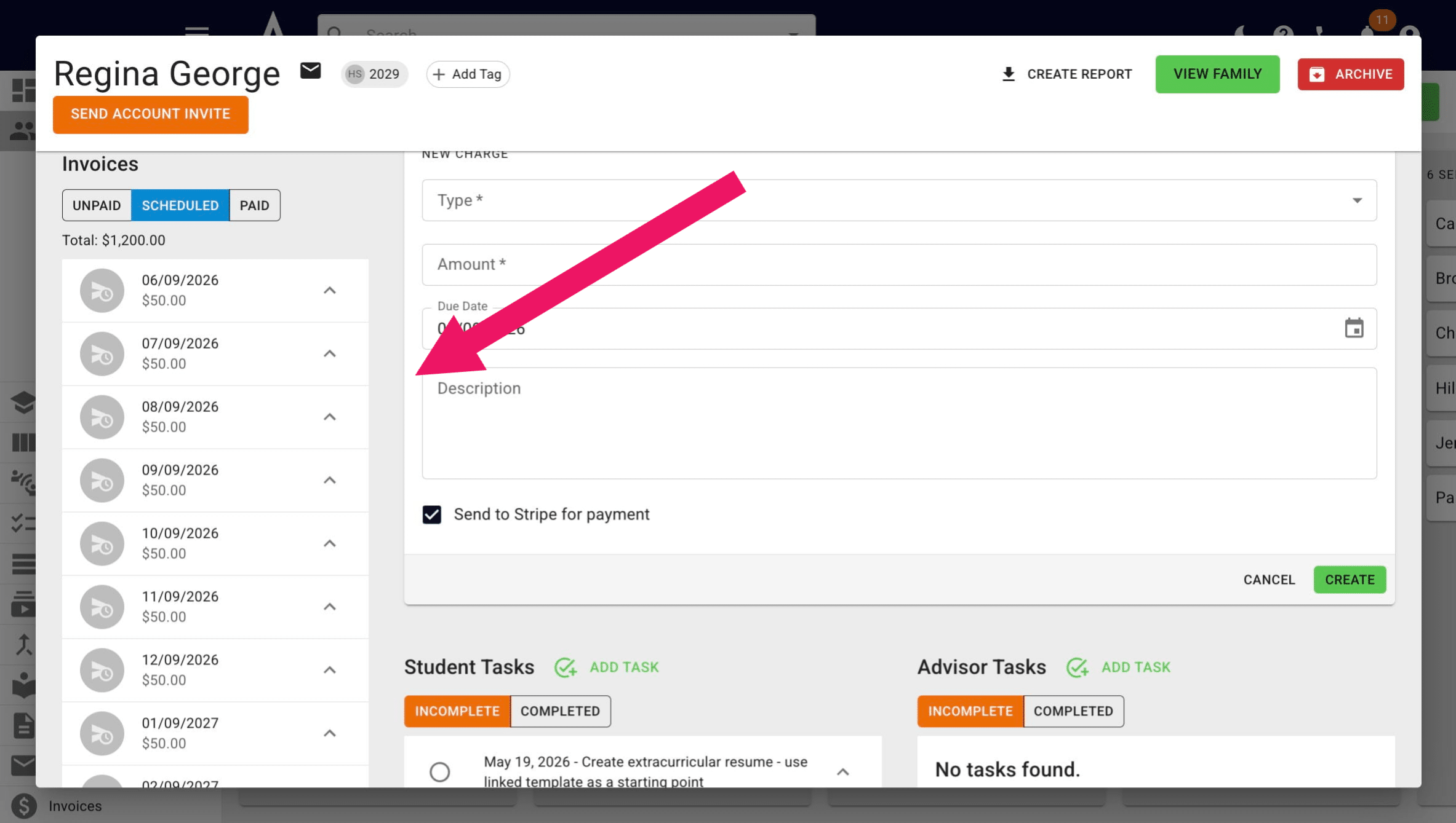 You can view any invoices under the **Invoices** section of the student's profile.