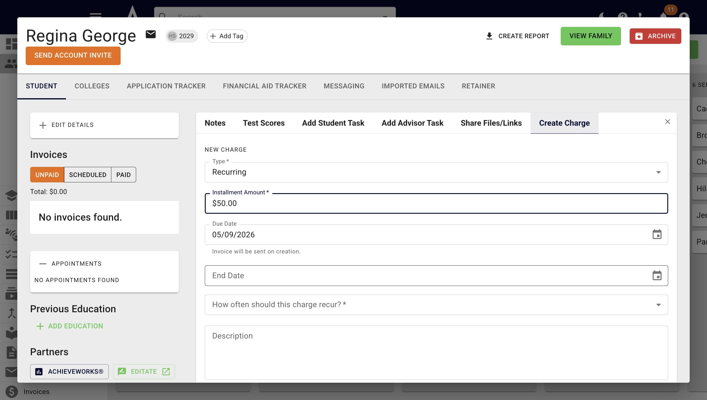 Add when you want the installments to begin & end under **Due Date** and **End Date** respectively. 