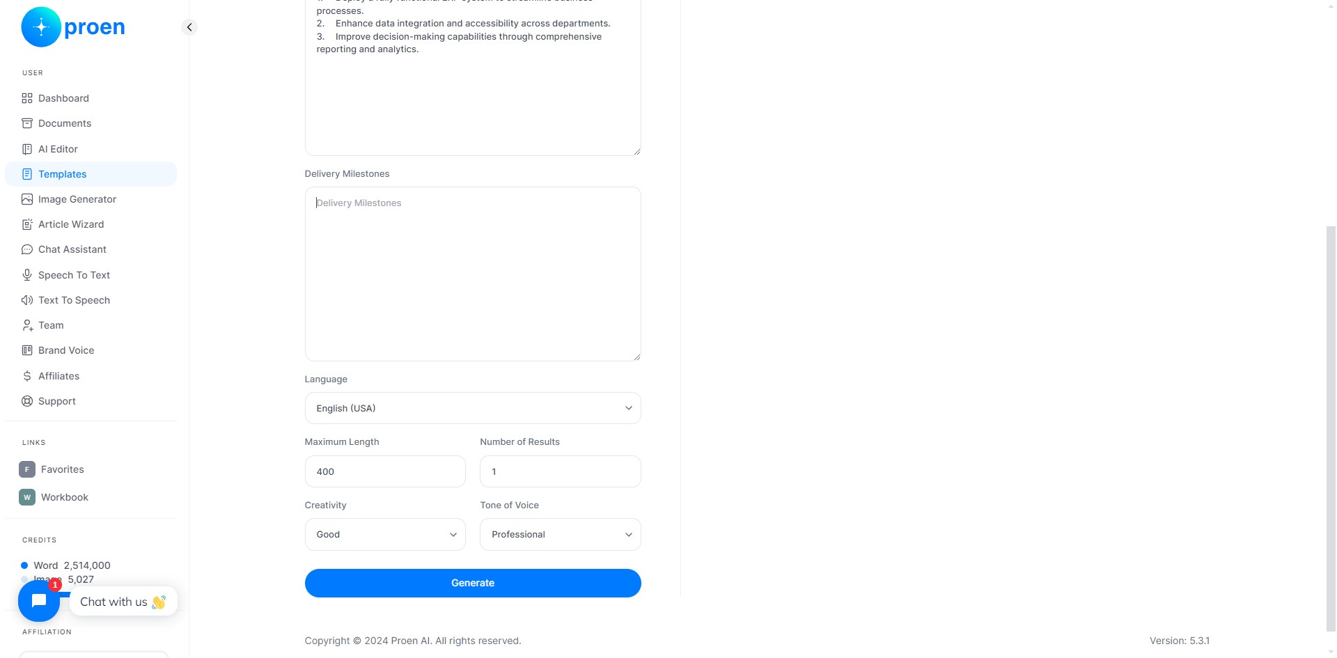 Provide the delivery milestones for this project