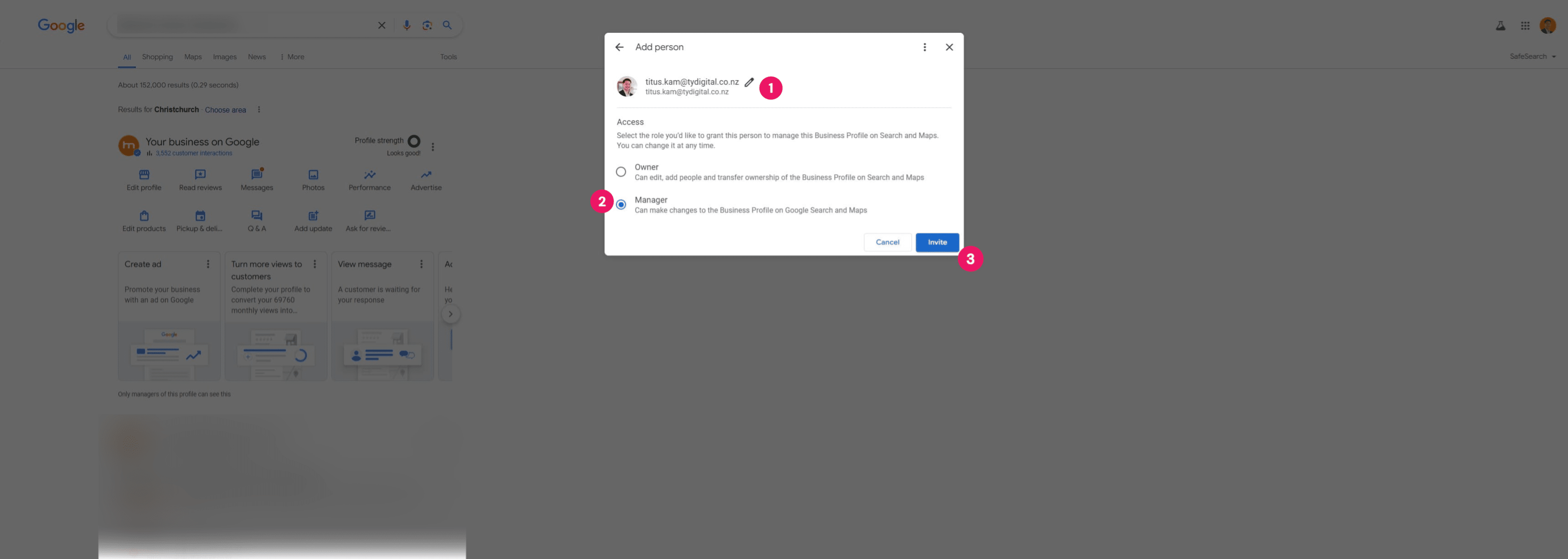 Invite [titus.kam@tydigital.co.nz](url) as a manager of this business profile