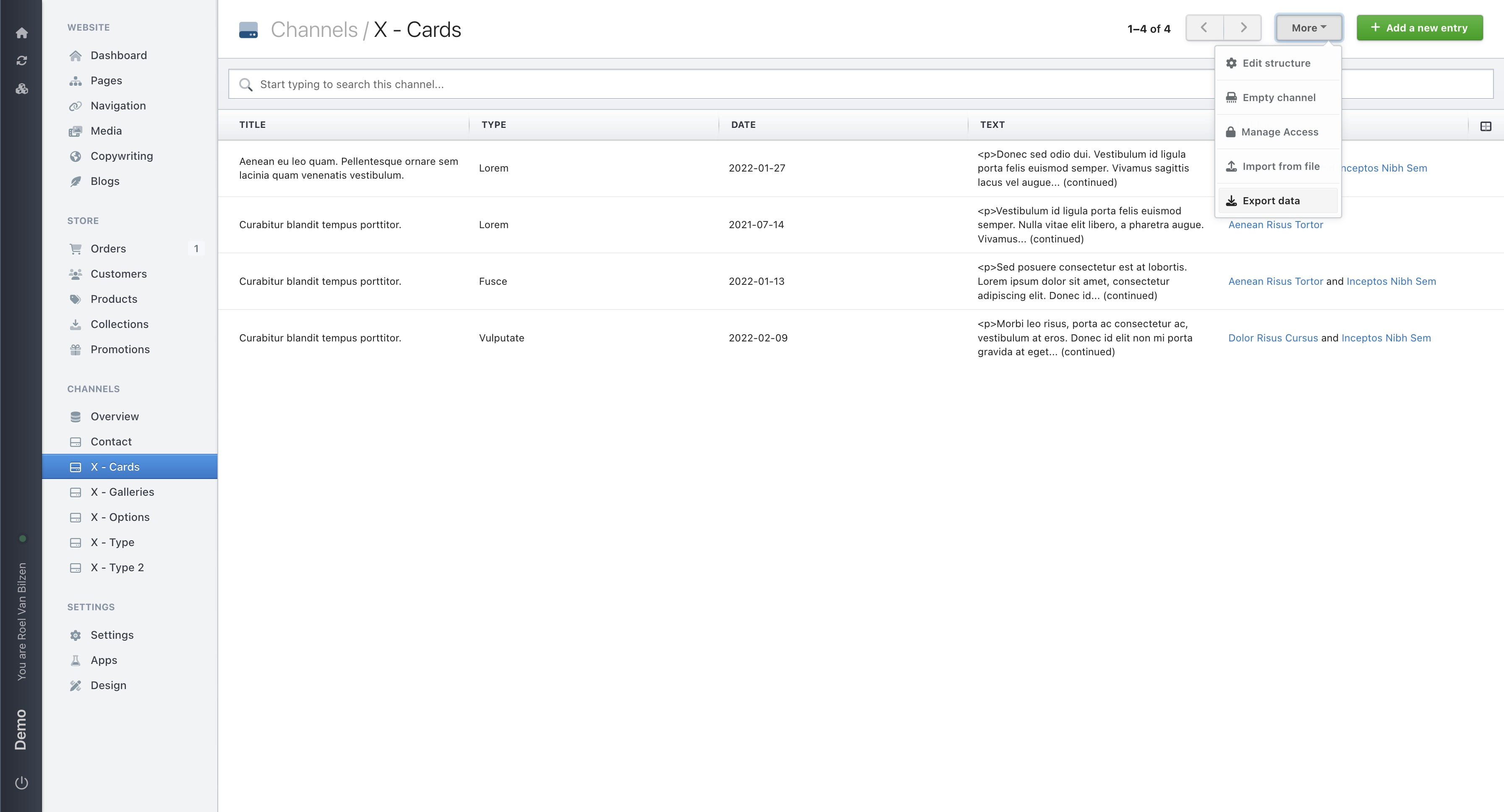 Click on "Export data".