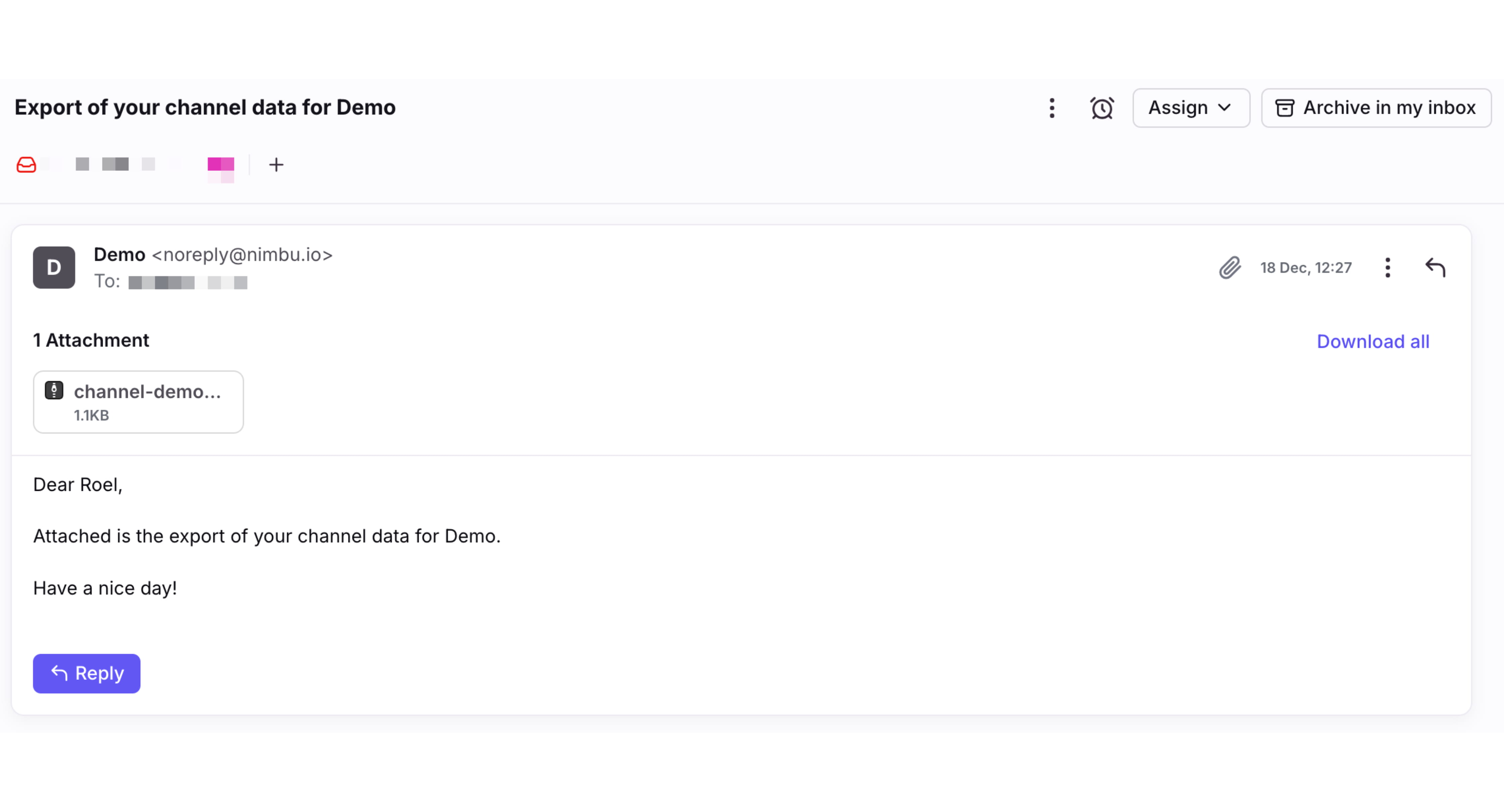You will receive an email at the email address linked to Nimbu, with a ZIP file containing the channel export. This can take a few minutes for larger exports.