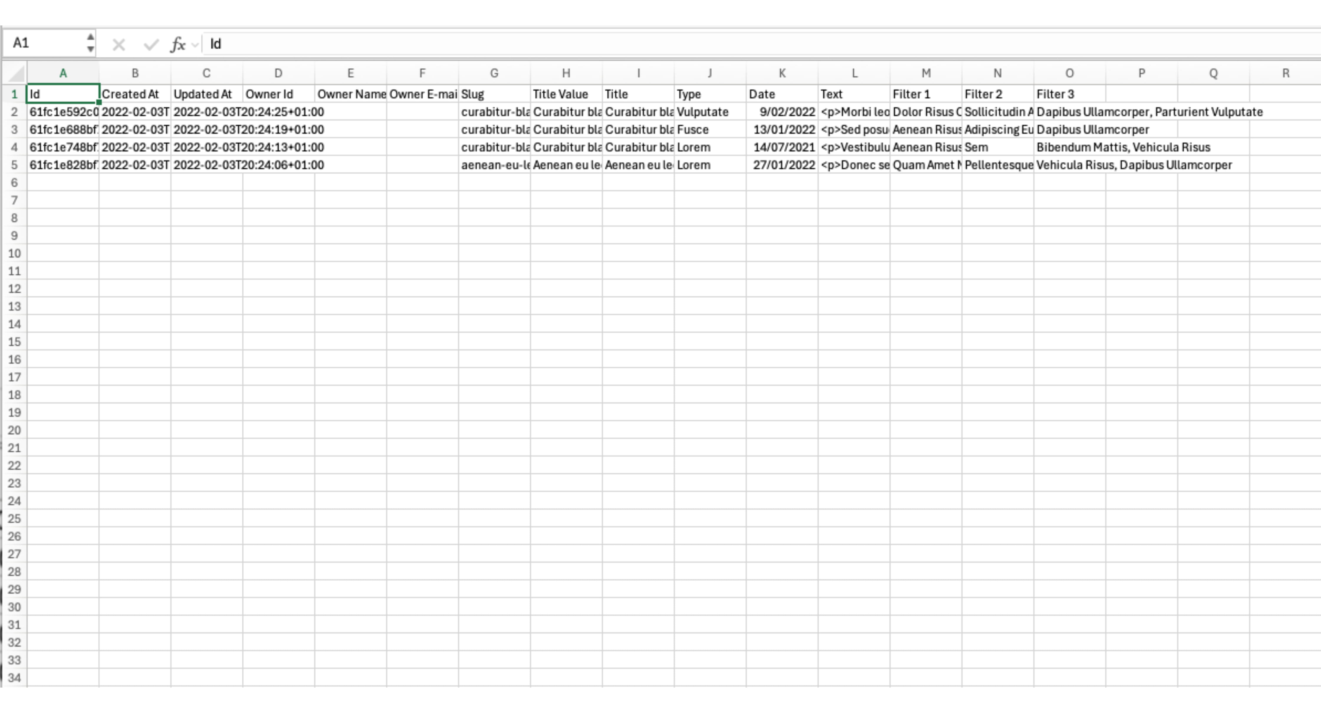 Each line represents an entry in the channel. The “id” is assigned by Nimbu to uniquely identify each entry. If a field references one or more other fields, their values will be shown, just as in Nimbu.