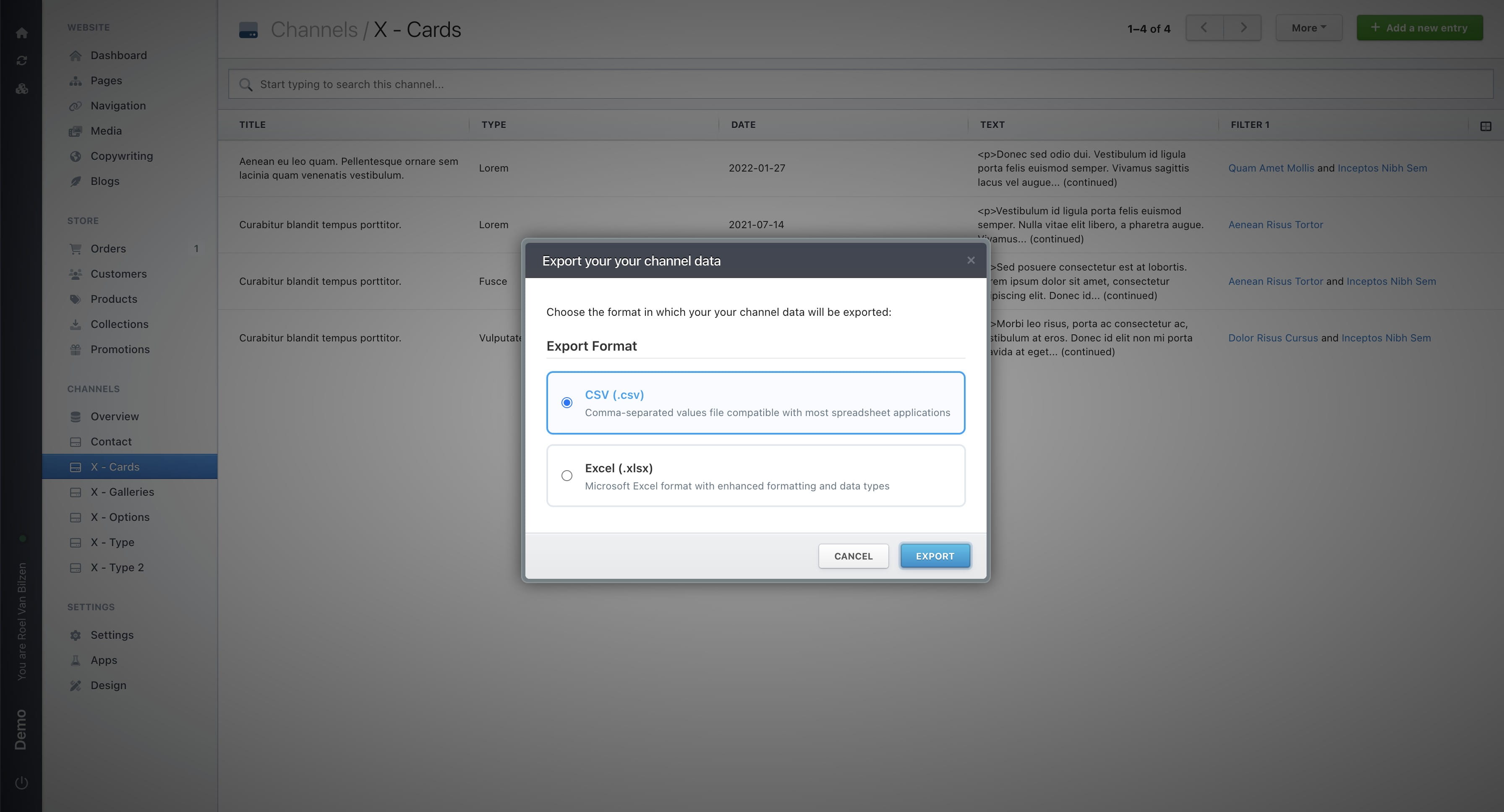 Select the export format, then click ‘Export.