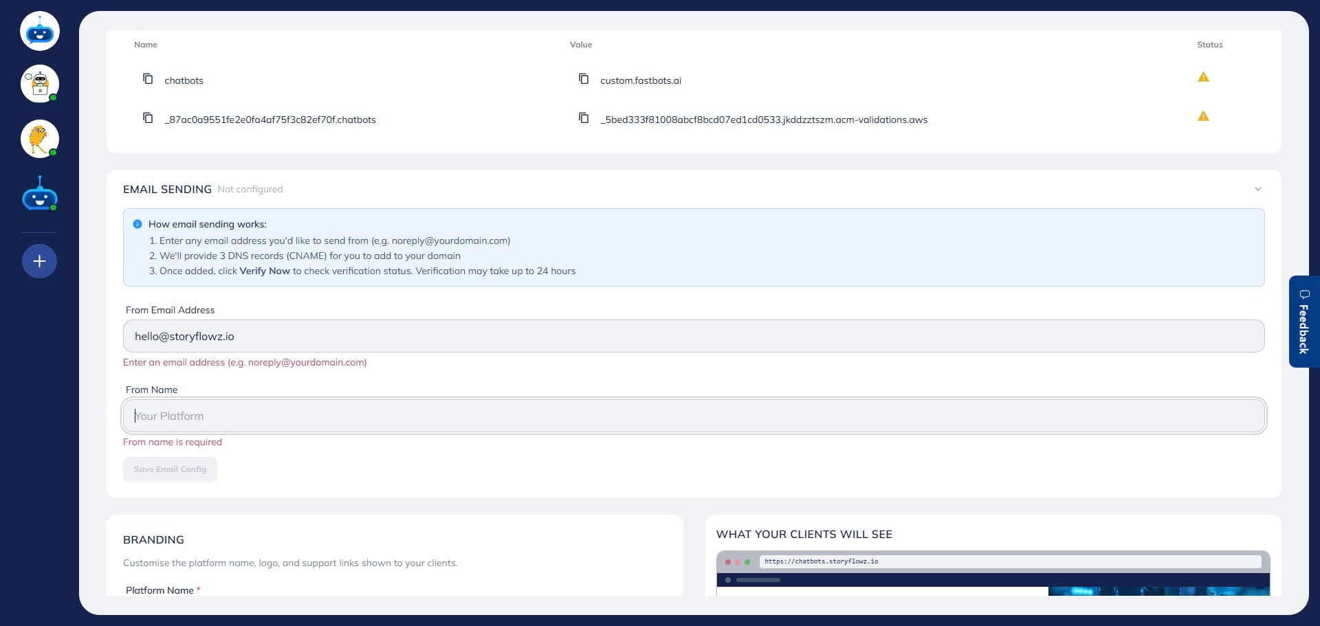Enter the email address you want to use for sending notifications (such as chats and leads) in the **“From Email Address”** field.\
Make sure this email belongs to the same domain you configured earlier.