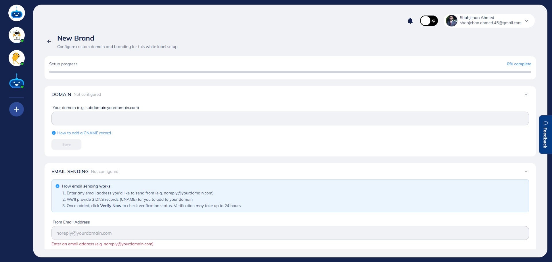 In the **“Domain”** field, enter your domain in the following format: `subdomain.yourdomain.com`
For example, if your main domain is [**abc.com**](http://abc.com), you can enter [**test.abc.com**](http://test.abc.com).