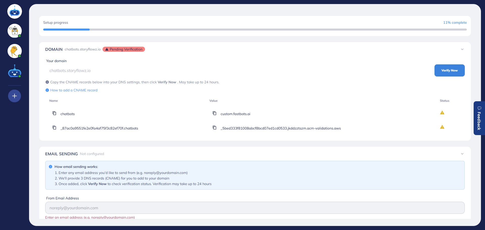 Once saved, CNAME records will be generated. Log in to your domain provider, copy the provided CNAME records, and add them to your DNS settings. You will need to create **two CNAME records**.