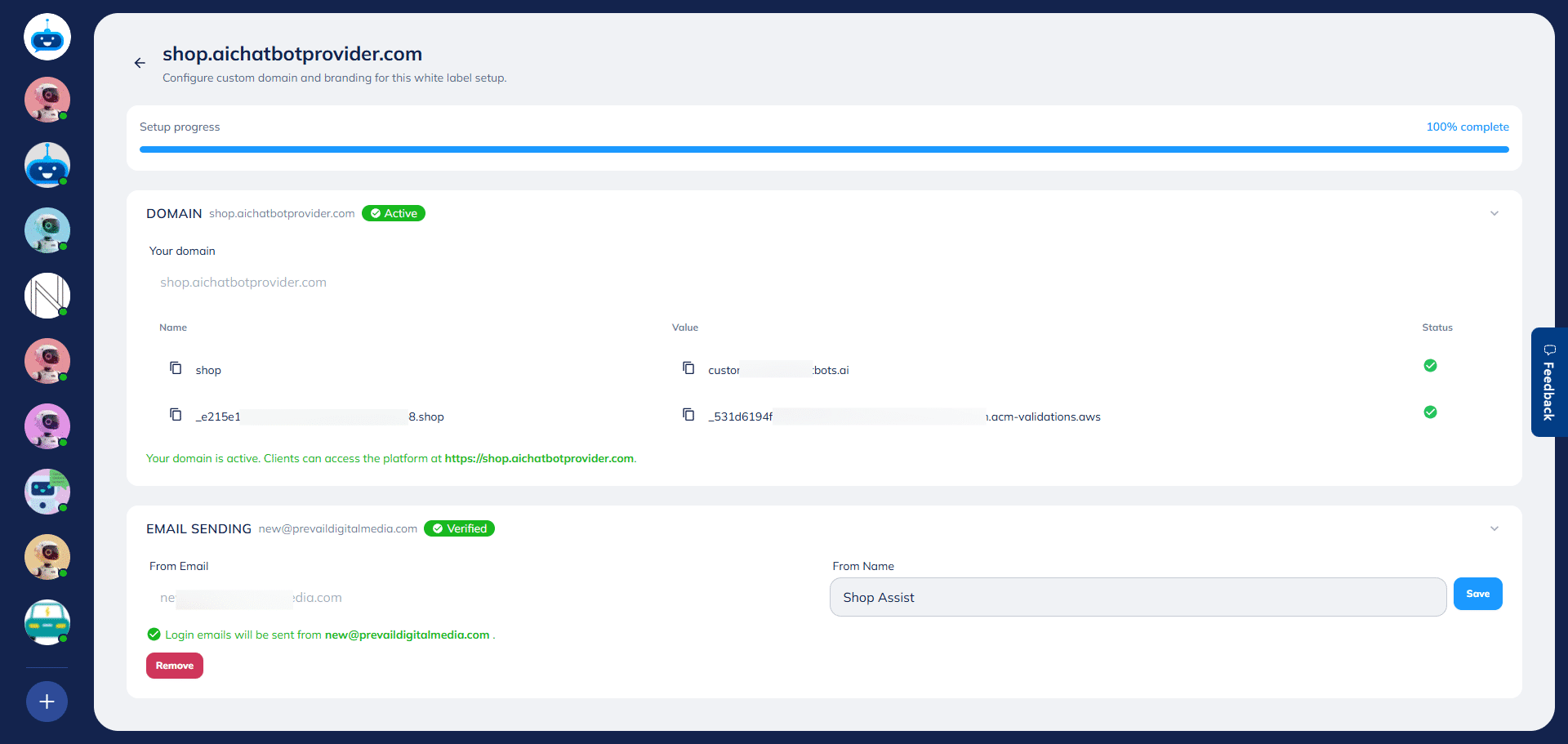 Once both domain and email are verified, the status will show as **“Active”** in green, along with a message confirming that your domain is ready and accessible to clients.