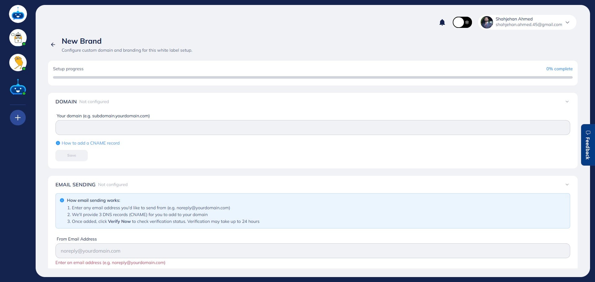 A progress bar will appear, showing the setup status and completion percentage for your brand configuration.
