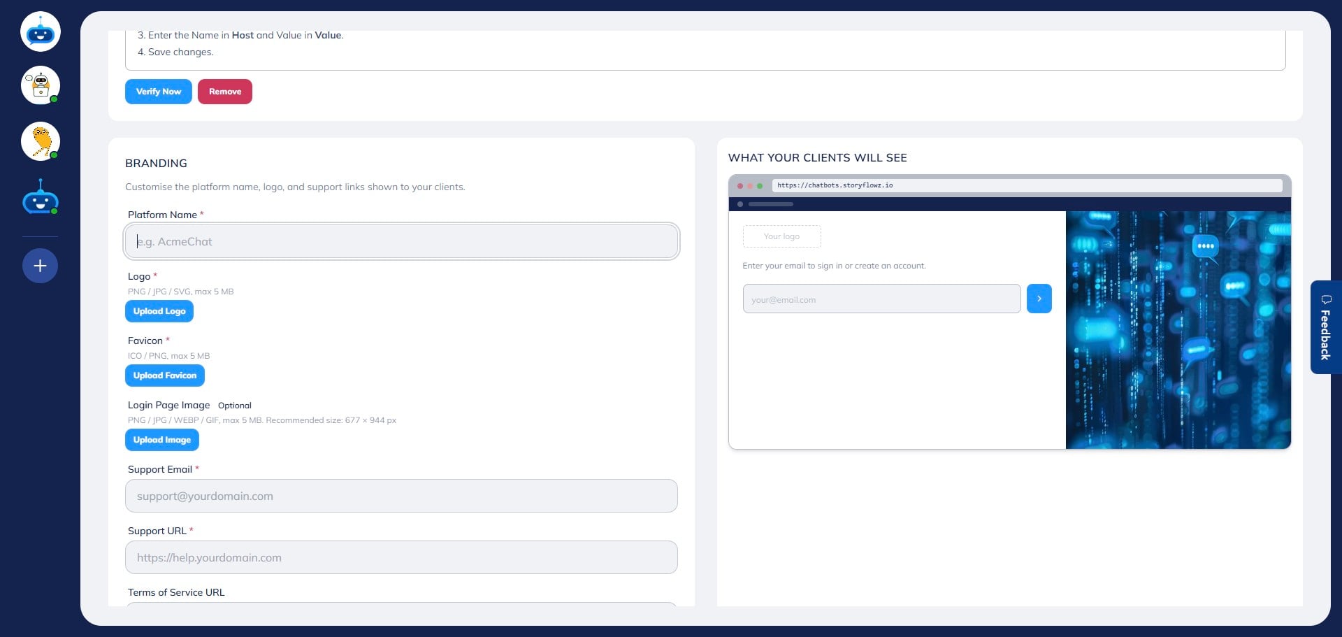 In the **Branding** section, enter your **Platform Name**.\
This name will appear as your company name on the white label portal for your clients.