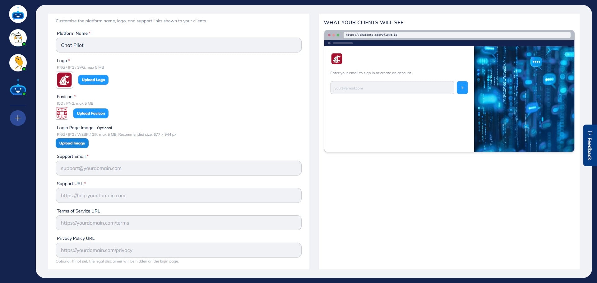Click **“Upload Image”** to add a custom image for your login page.\\
*This image will be displayed where clients enter their login details.*