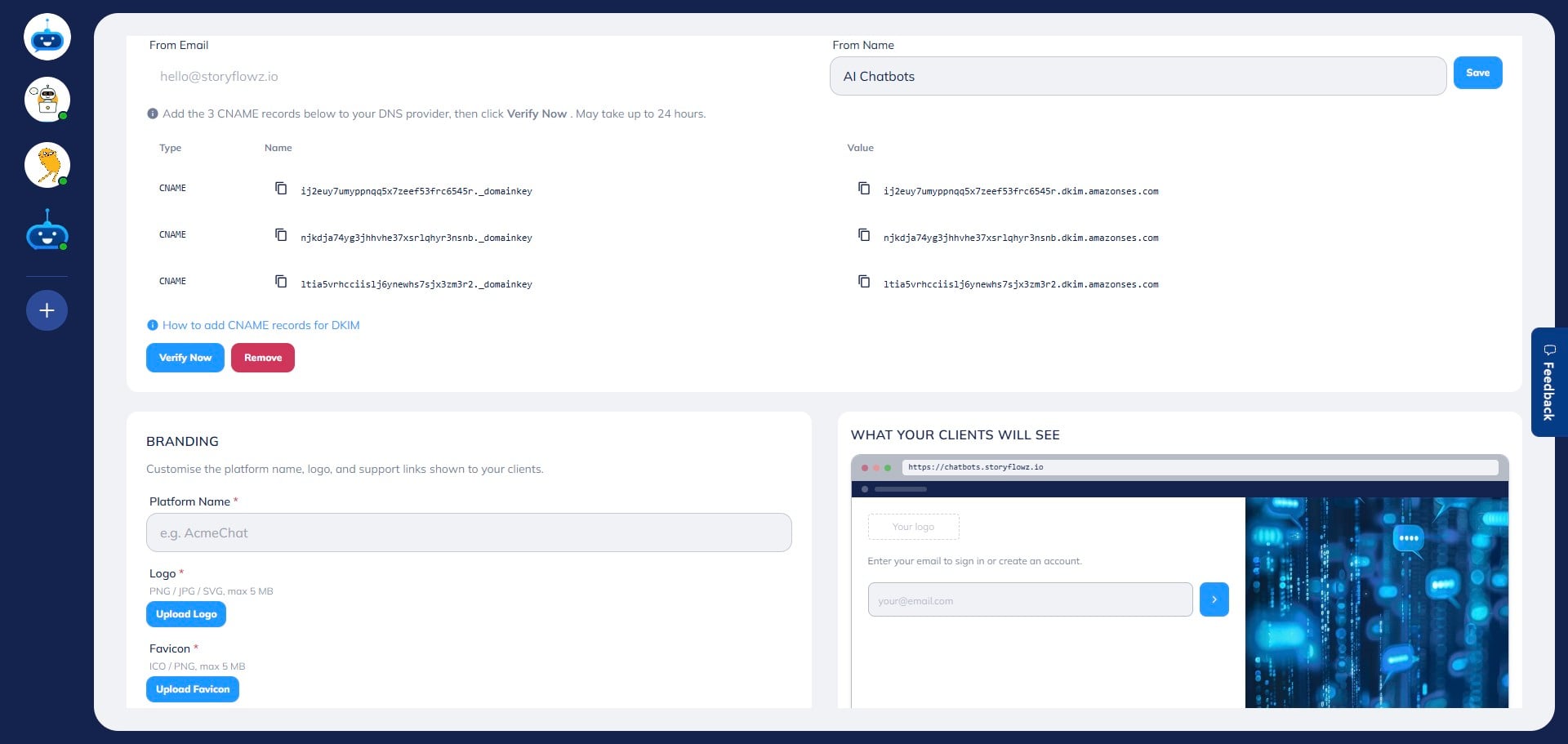 CNAME records for email configuration will be generated. Add these to your DNS settings.\
You will need to create **three CNAME records** for this step.