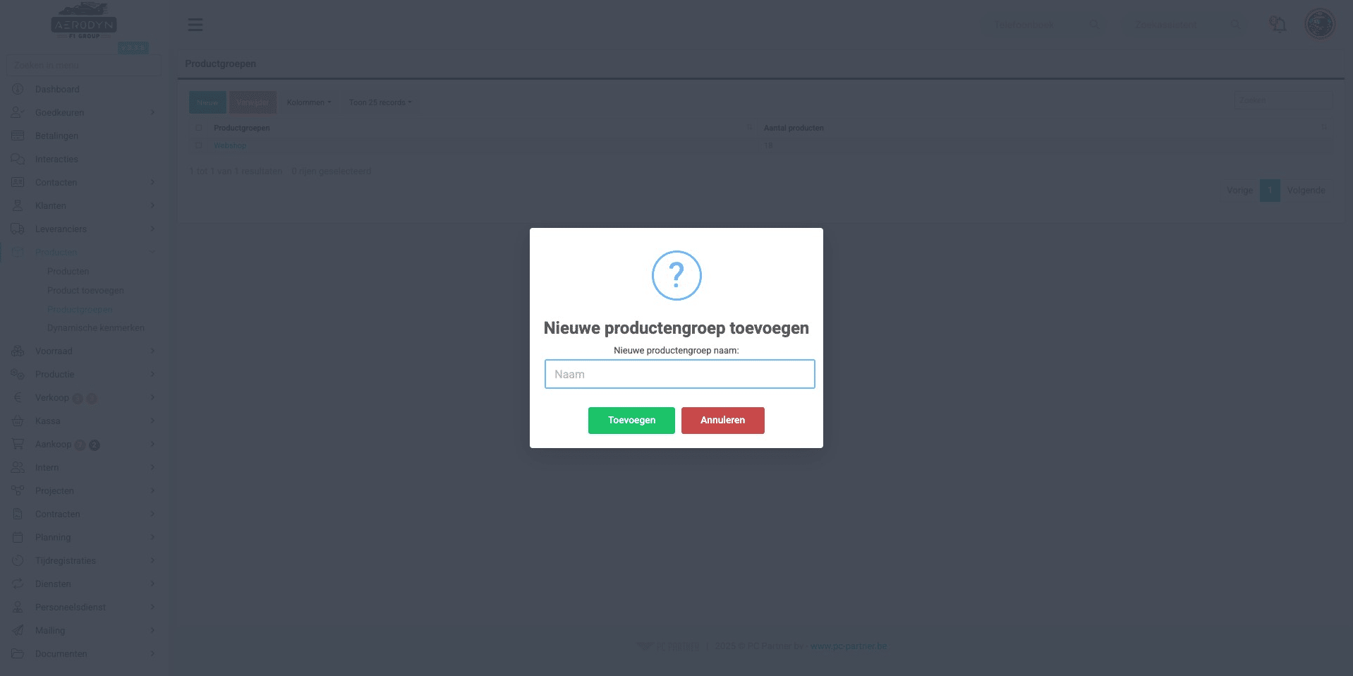 Vul de productgroep naam in en Klik op "Toevoegen"