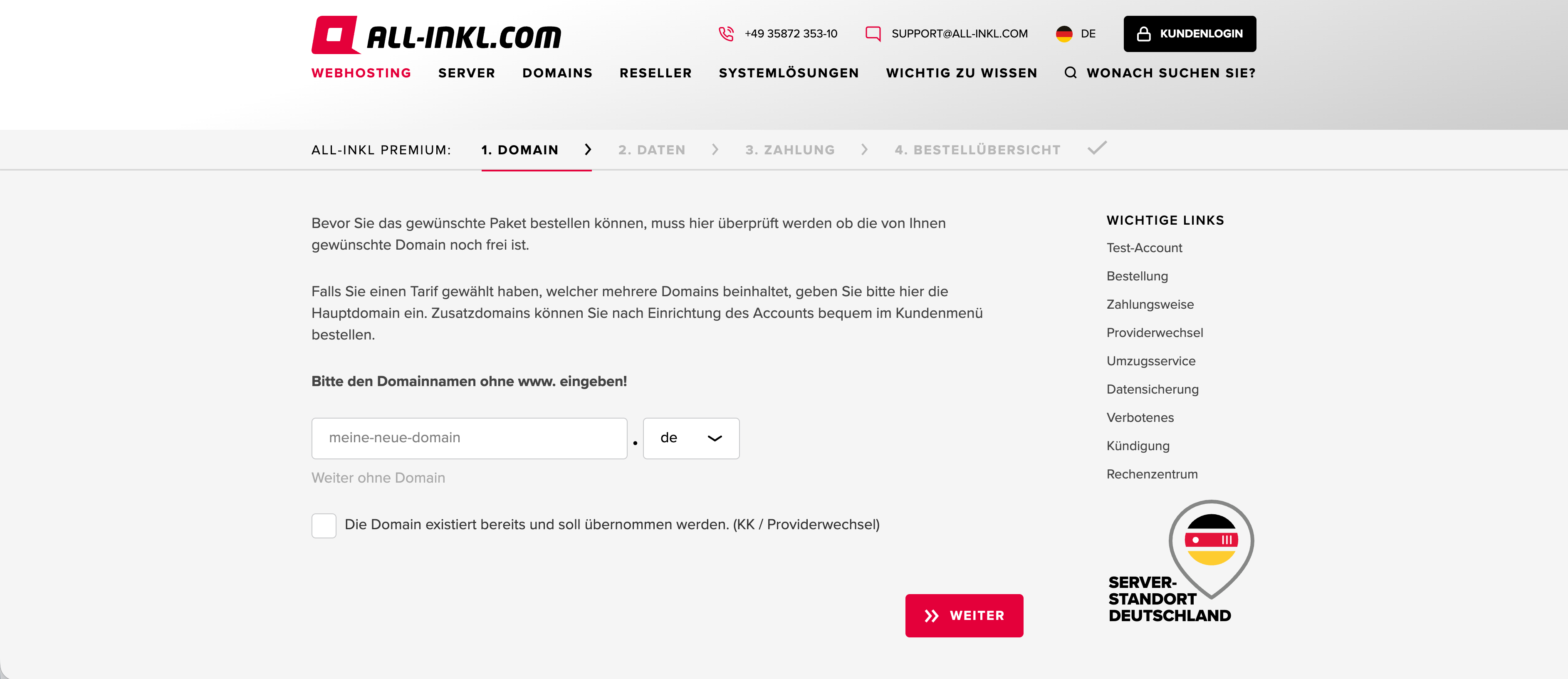 Klicke auf den grauen Link zwischen Eingabefeld und Checkbox auf "**Weiter ohne Domain**"