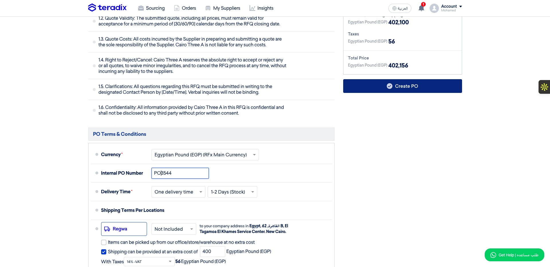 After reviewing all PO details, click 'Create PO'.