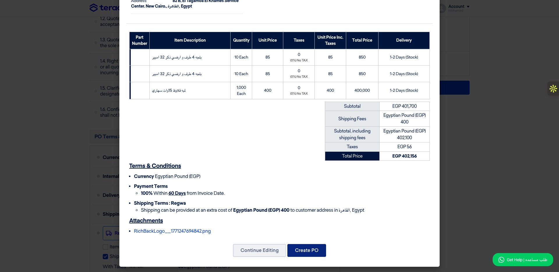 Review the Purchase Order generated by Teradix, including the items, terms, taxes, company details, logo, and total prices, and click "Create PO".