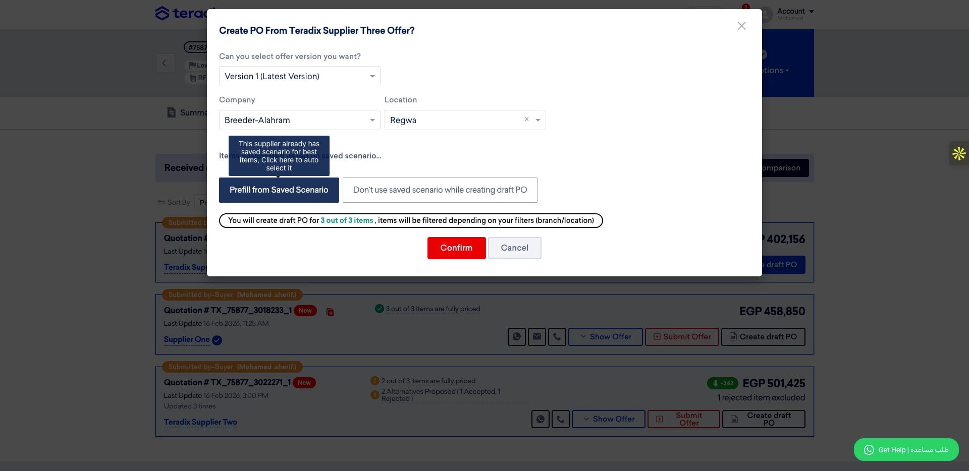 You can select a predefined option from the saved scenario for this supplier.