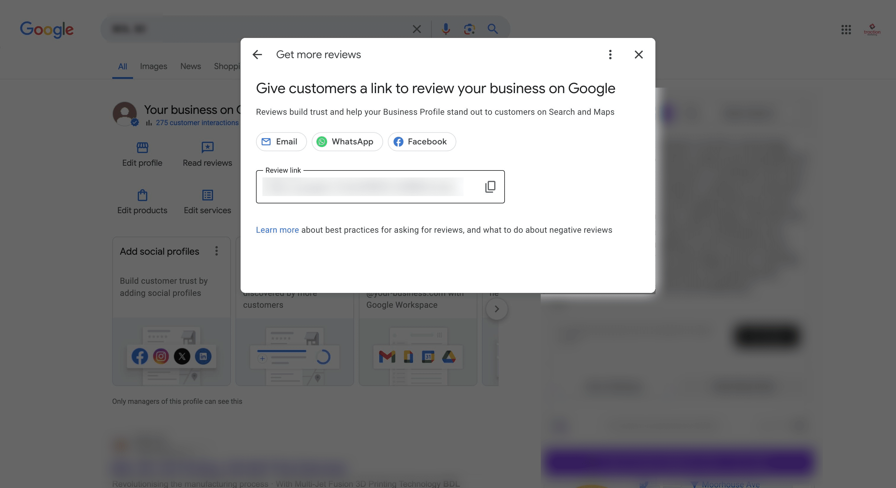 Copy the "Review Link" from Google