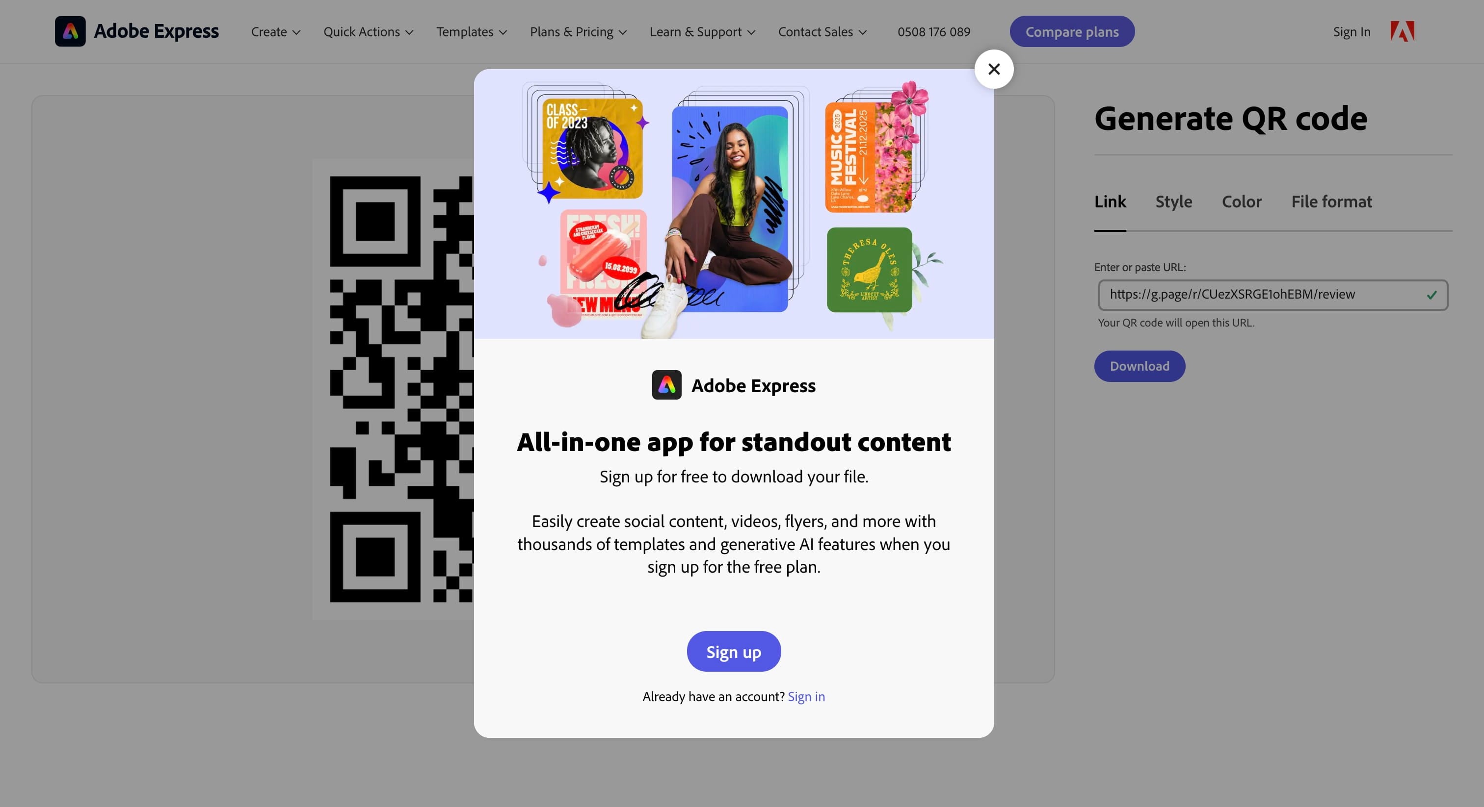 Sign up for a free account with Adobe Express to download your QR code in PNG, SVG, or JPG format.