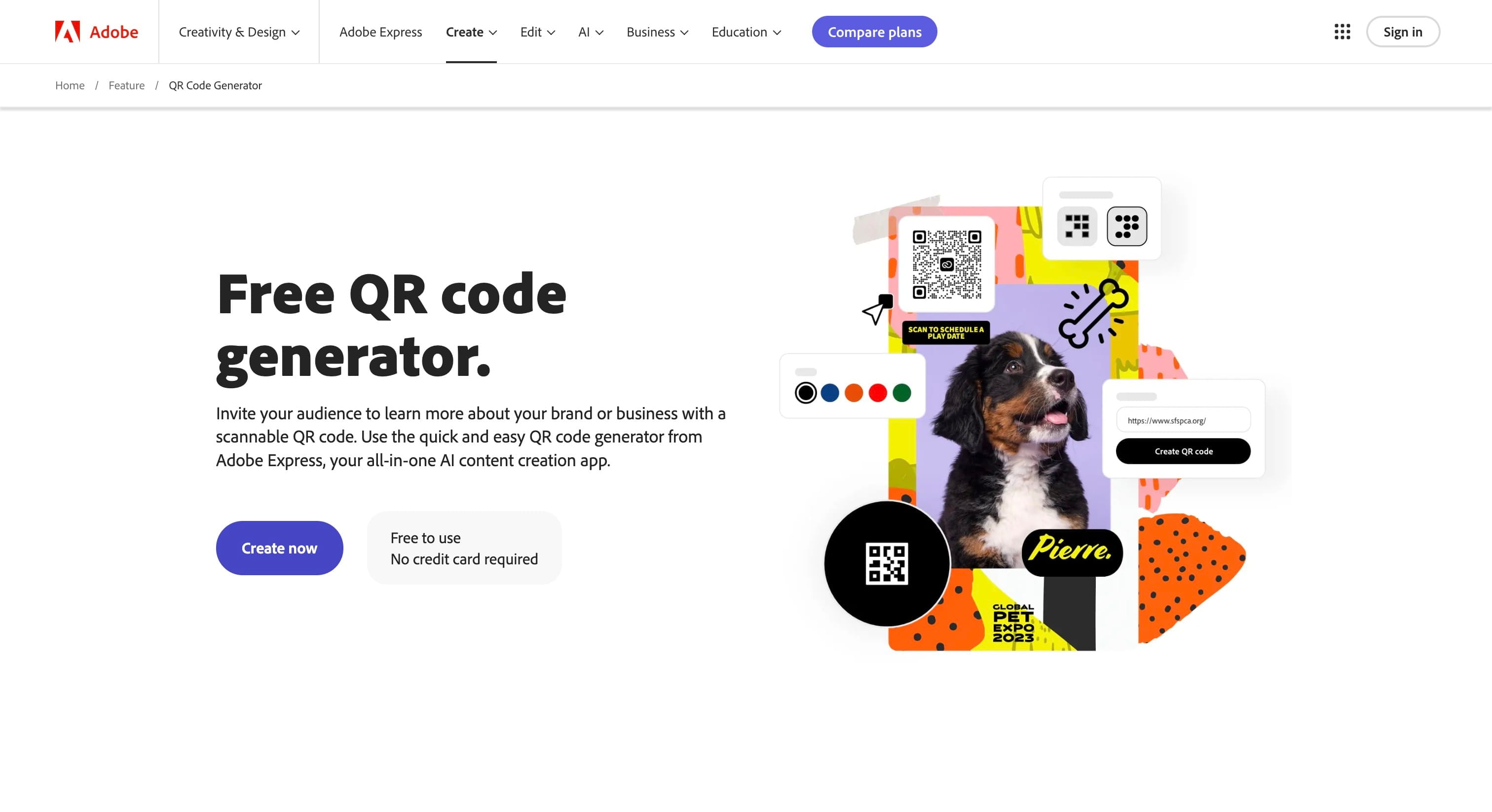 Navigate to [Adobe's Free QR Code Generator website](https://www.adobe.com/express/feature/image/qr-code-generator). Then click "Create now"