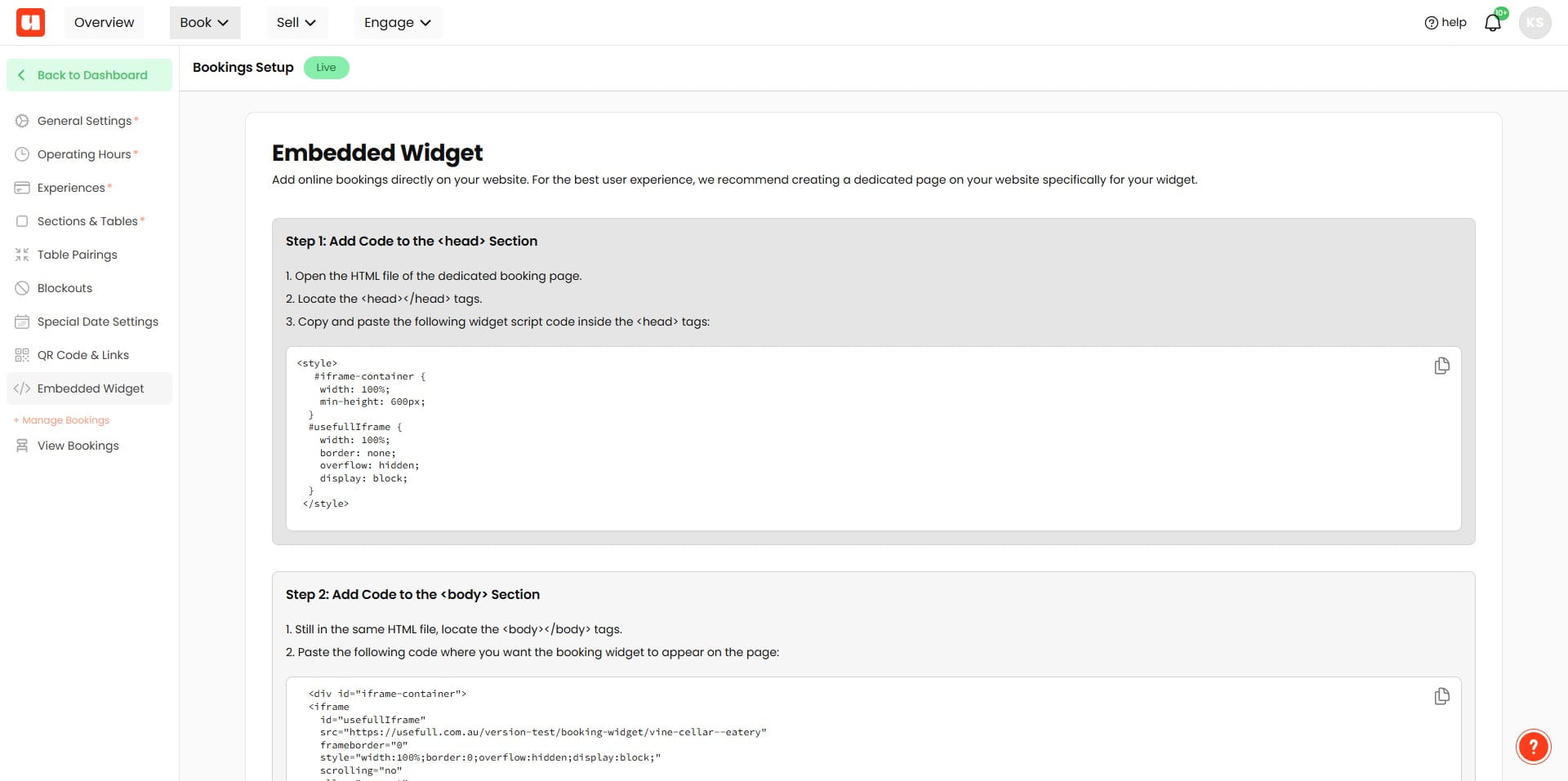 You will see **contextual instructions** on how to embed your selected widget. Follow the instructions carefully.
You will have two main code blocks to add:
1. **Styles:** These go within the `<head></head>` section of your page, inside `<style></style>` tags.
