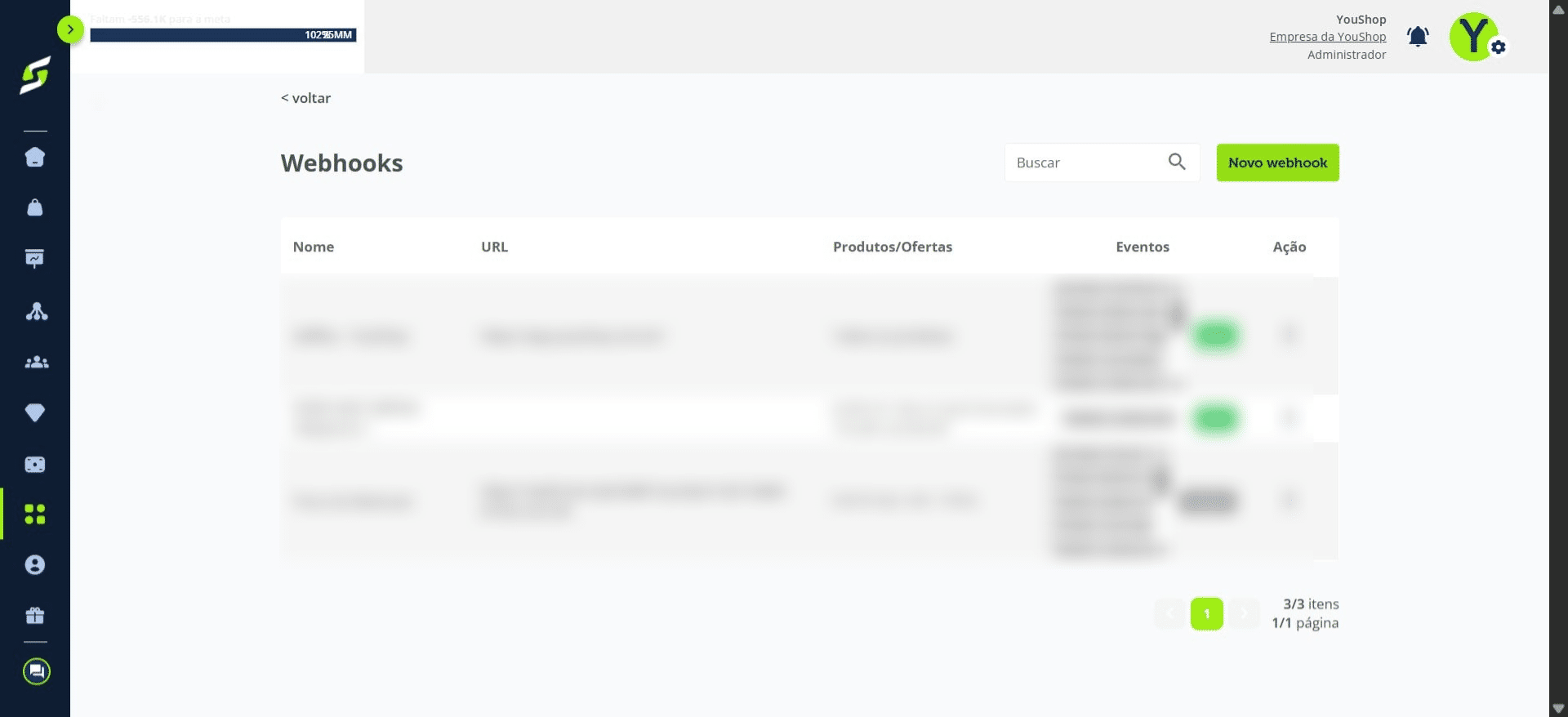 Em seguida, clique em **“Novo webhook”**.