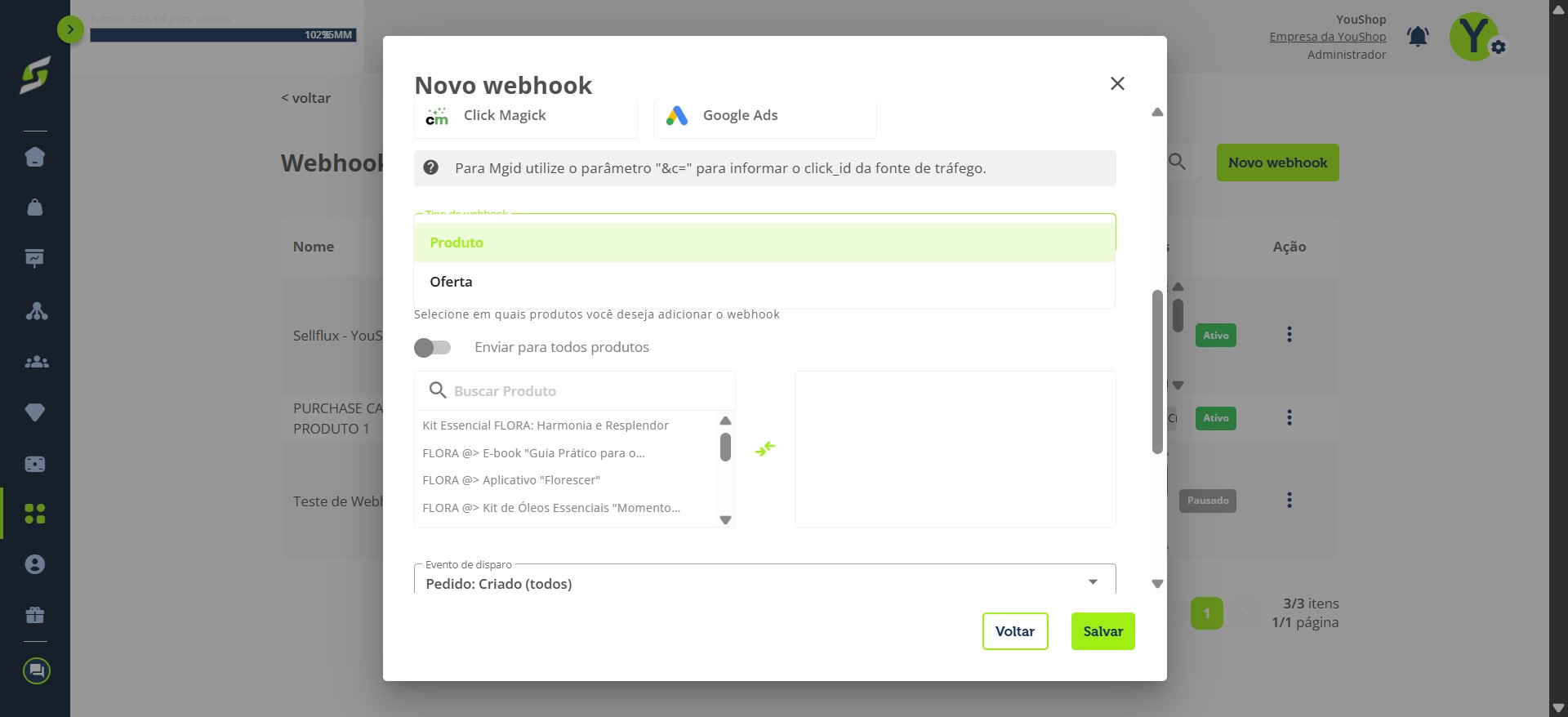 Em **tipo de webhook**, selecione se será para **produto** ou **oferta**