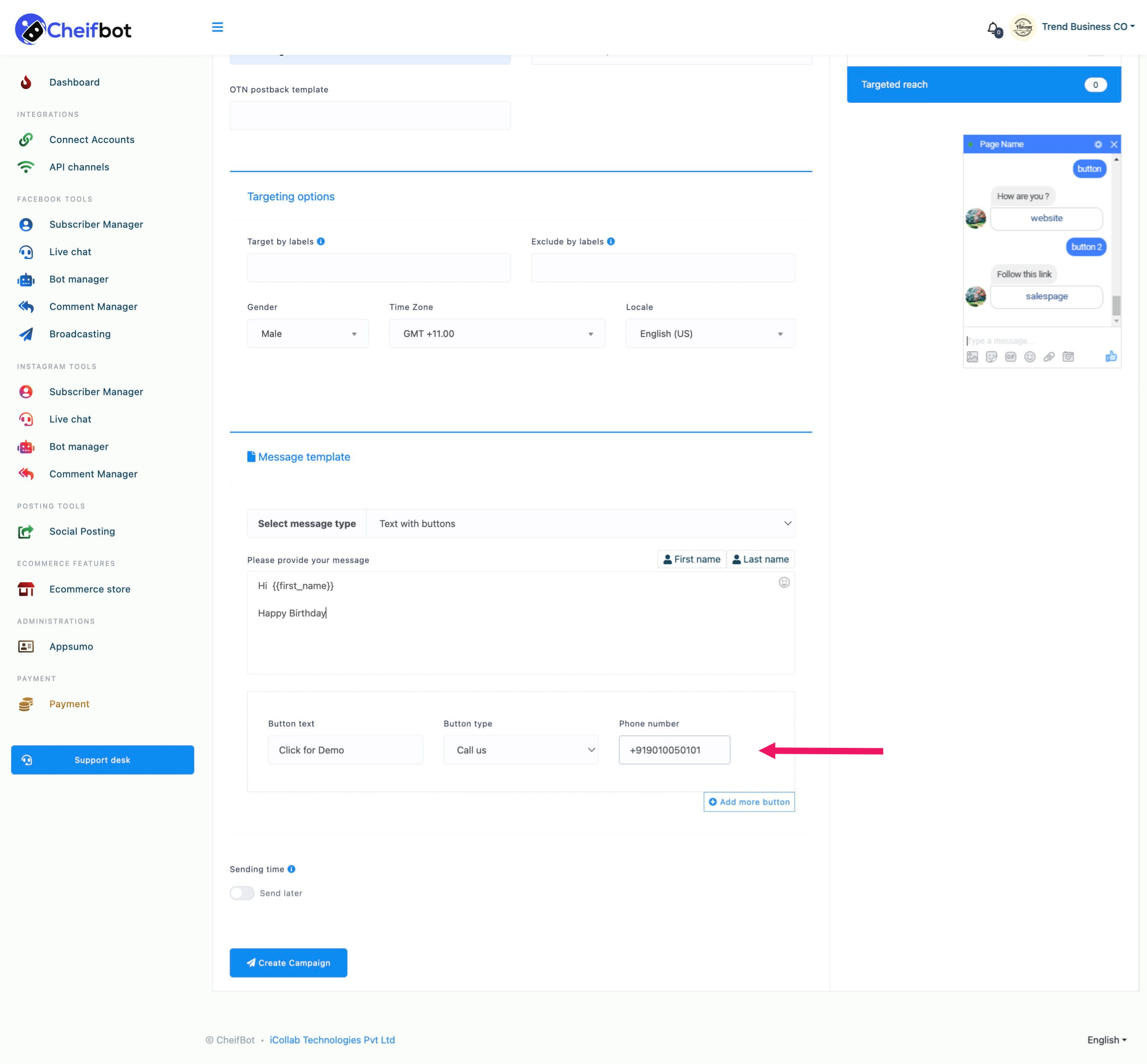 You can also select Call us button type from the drop-down menu of different button type. Just as you select the Call use button, a field called phone number will appear. And you have to provide a phone number in the phone number field. Just user click on the call us button, a call to the phone number will make automatically.