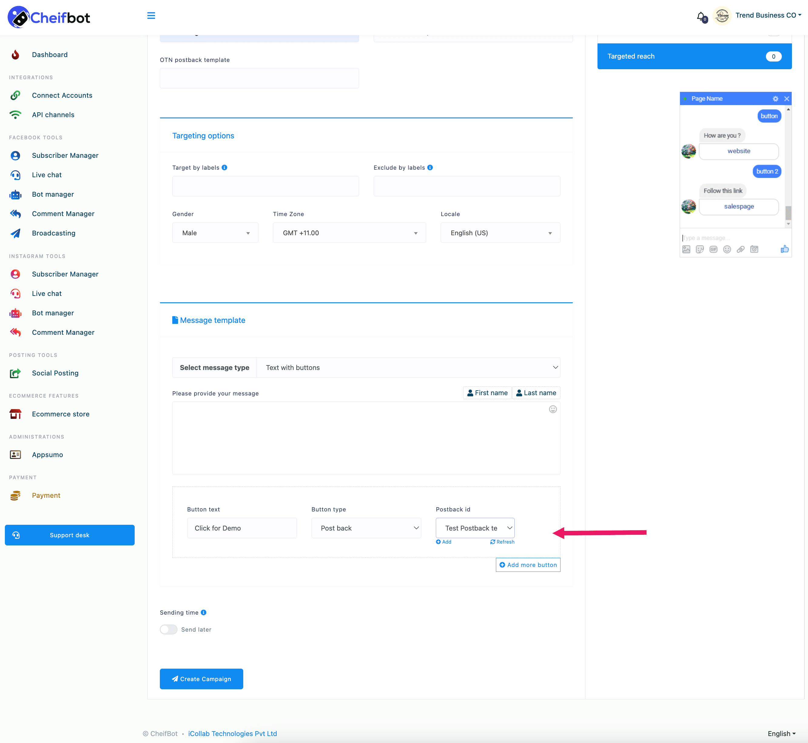 If you select postback, a new field called postback id will appear. In the postback id field, you have to select a predefined postback template. Also, you can create a postback template by clicking on the add button under the postback id field.