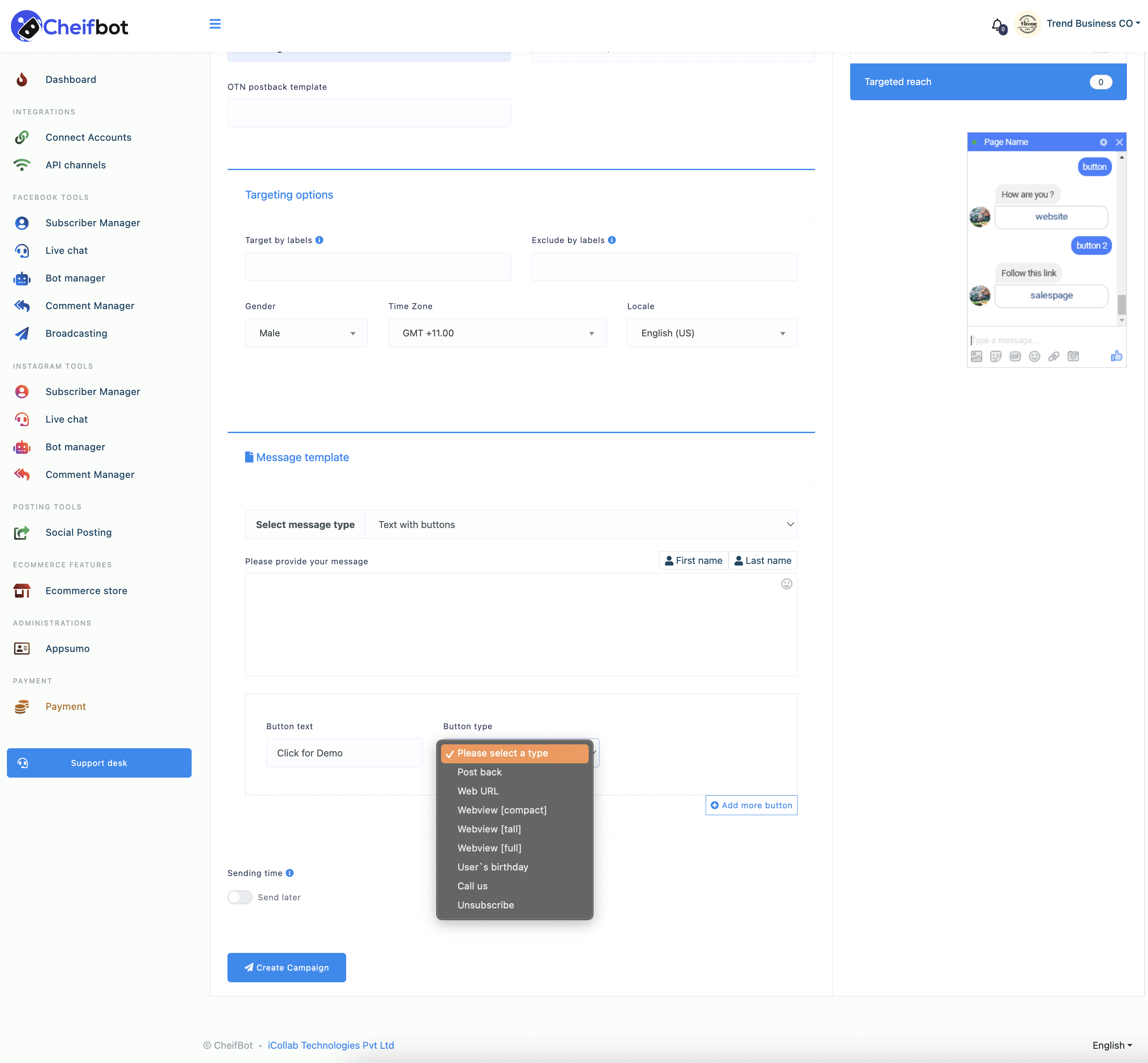 Click on the button type field and a drop-down menu of different button type – postback, weburl, Webview(full), Webview(tall), Webview(compact), User’s birthday, Call us, Unsubscribe – will appear.