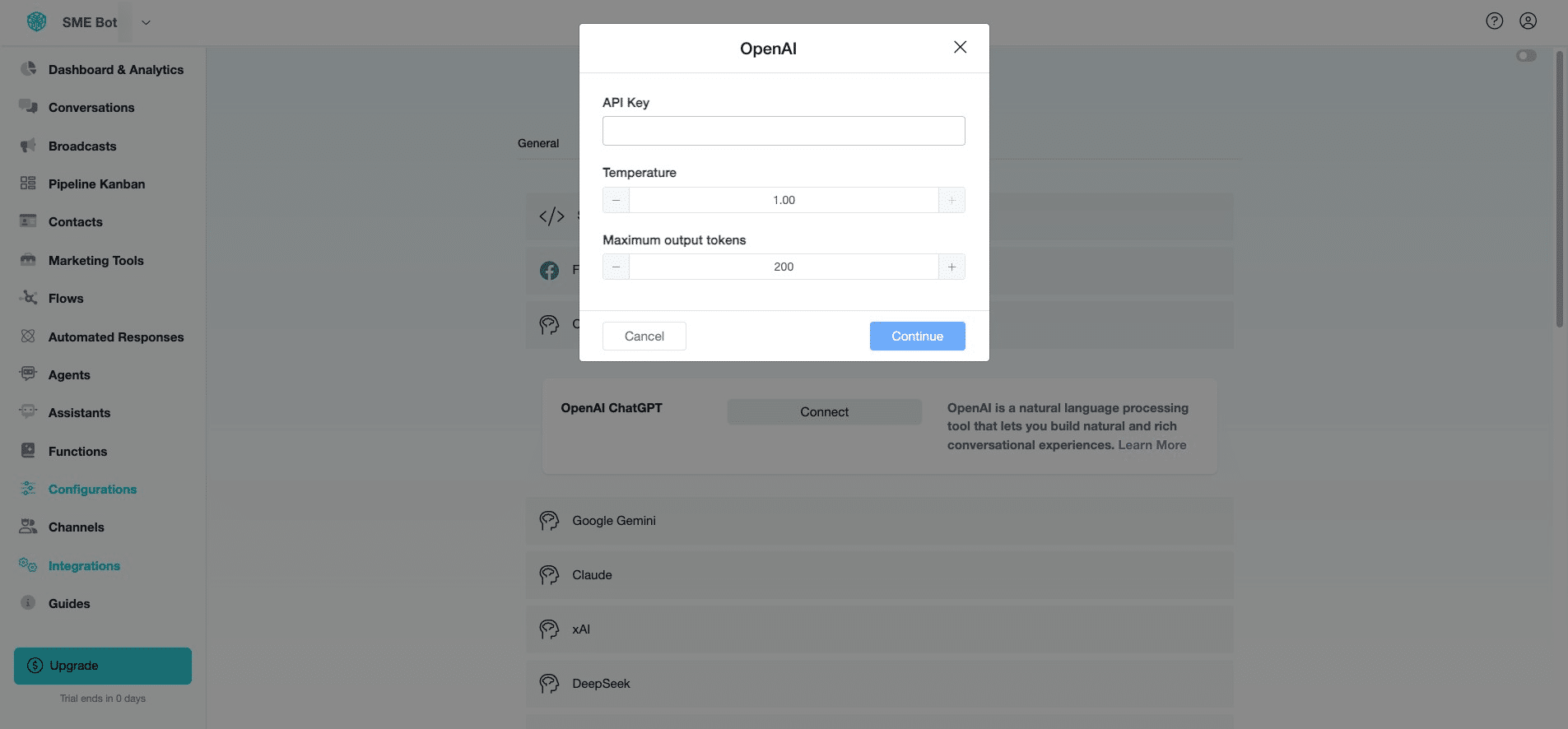 Click "Continue". ✅ Done! You’ve successfully integrated OpenAI as an LLM tool into SME Bot. 🚀







