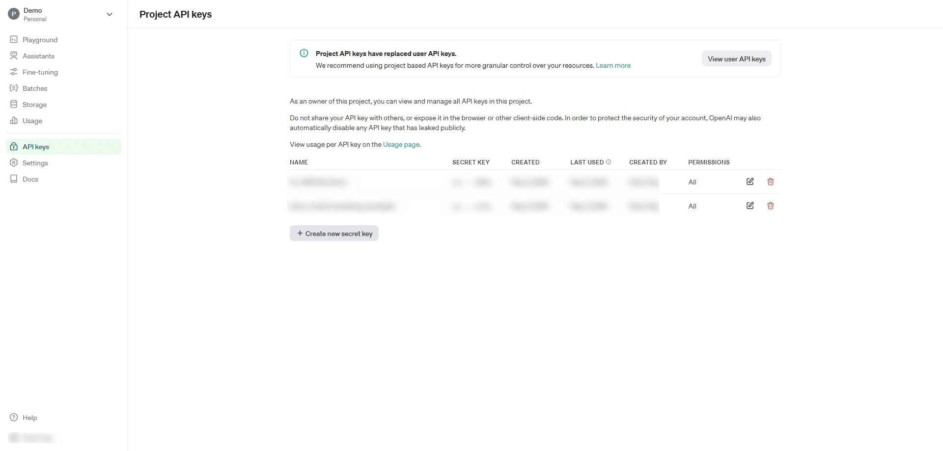 Click on "API keys" and than click "Create new secret key"