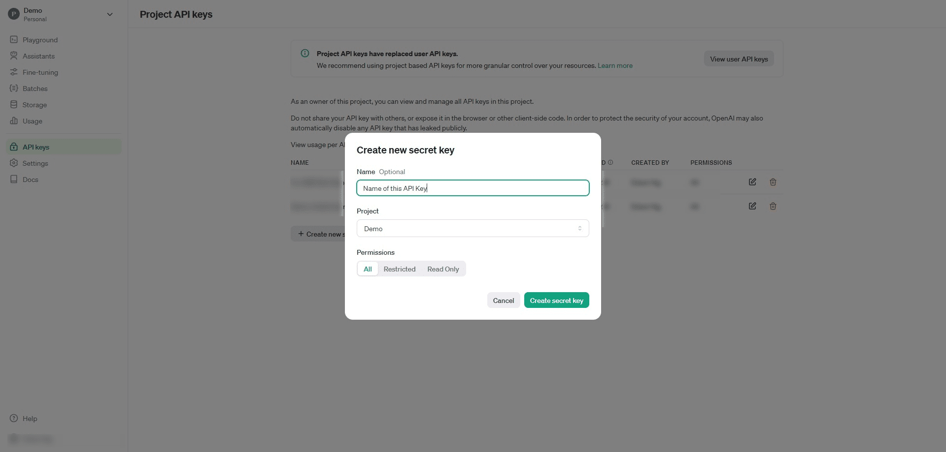 Click on "Create new secret key"