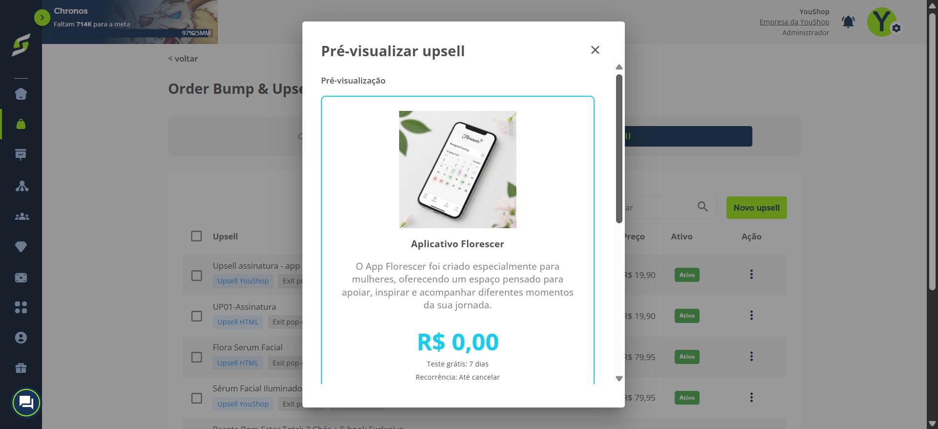 Aqui você poderá ver uma pré-visualização do seu upsell.