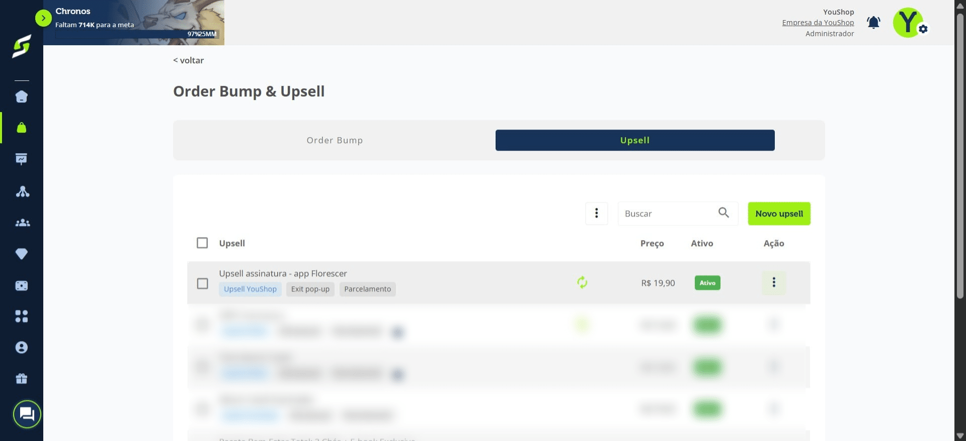 Pronto! Seu upsell foi criado com sucesso.