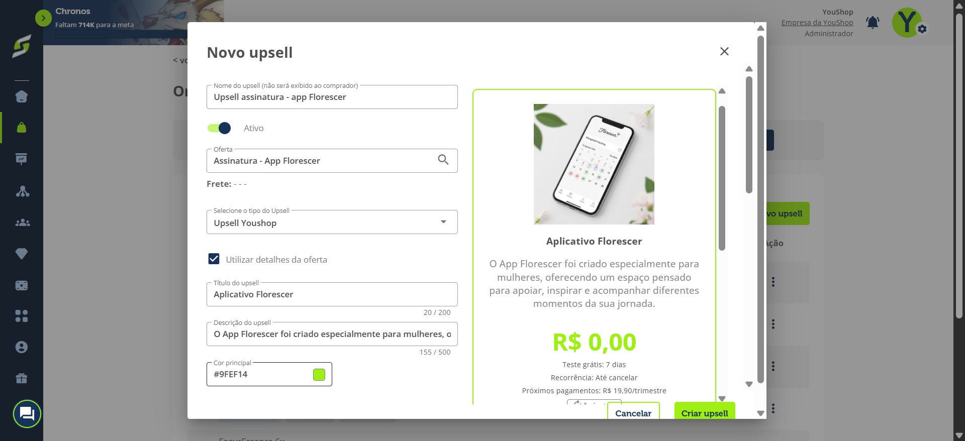 Clique em "Cor principal" para alterar a cor.
