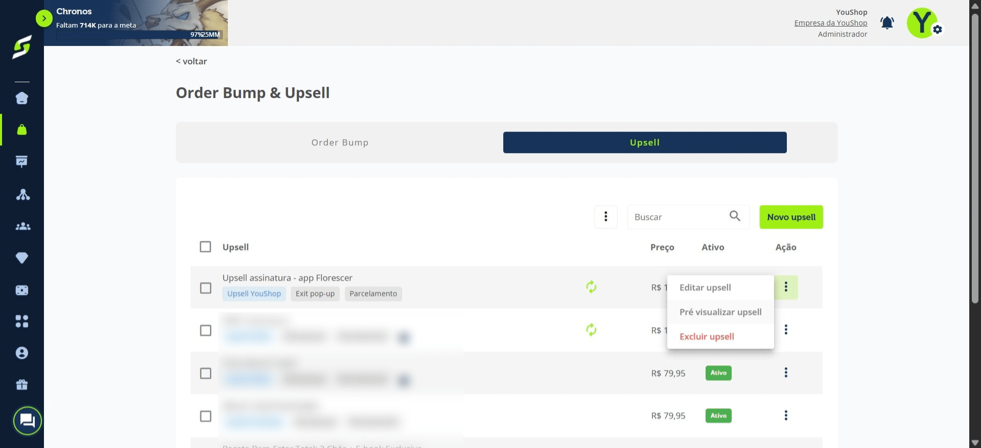 Clique nos três pontinhos e selecione "Pré-visualizar Upsell".