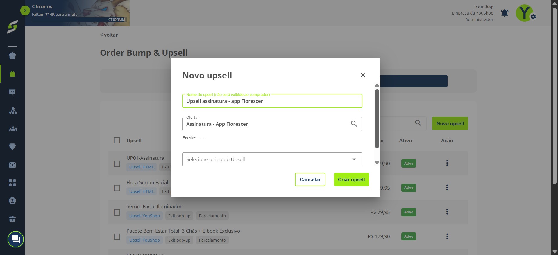 Adicione o nome do upsell para identificação (só será exibido na plataforma).